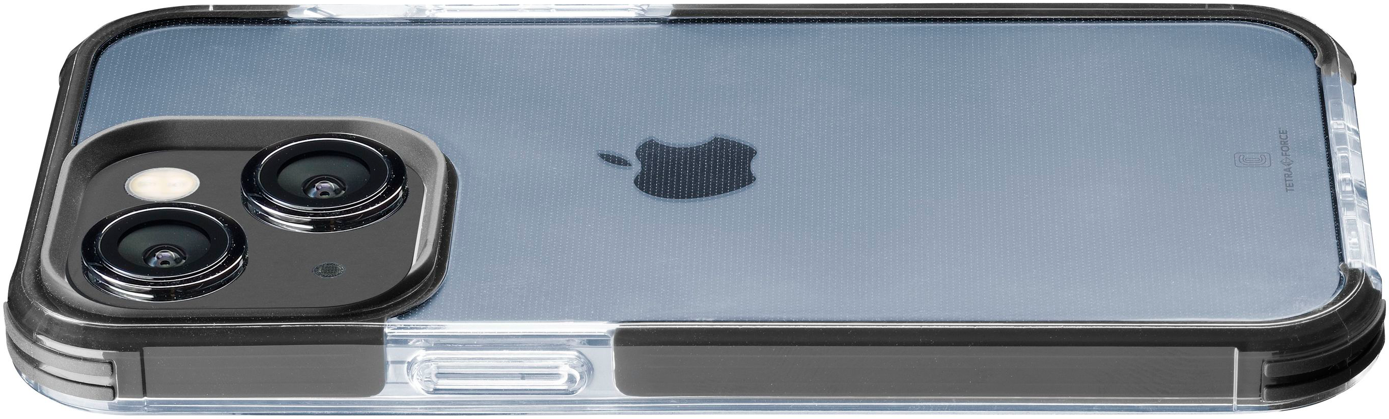 Una custodia trasparente per telefono con un telefono all'interno, che mostra gli obiettivi della fotocamera e il logo Apple.