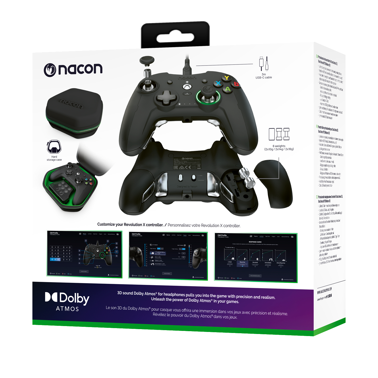 Schachtel eines Nacon-Controllers für Xbox, mit Controller, Aufbewahrungstasche und Diagrammen.