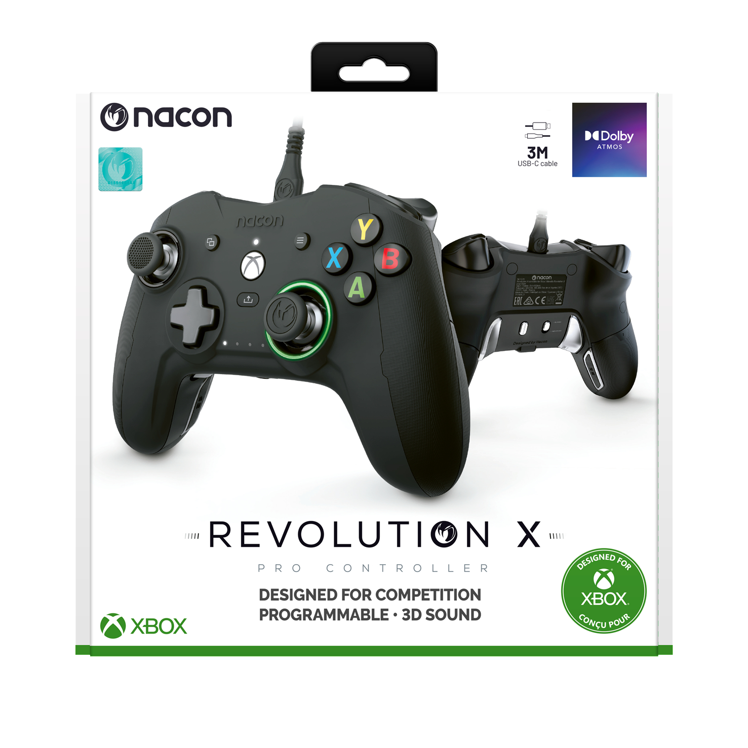 Schwarzer Gamecontroller in einer Box, mit den Funktionen des Controllers.