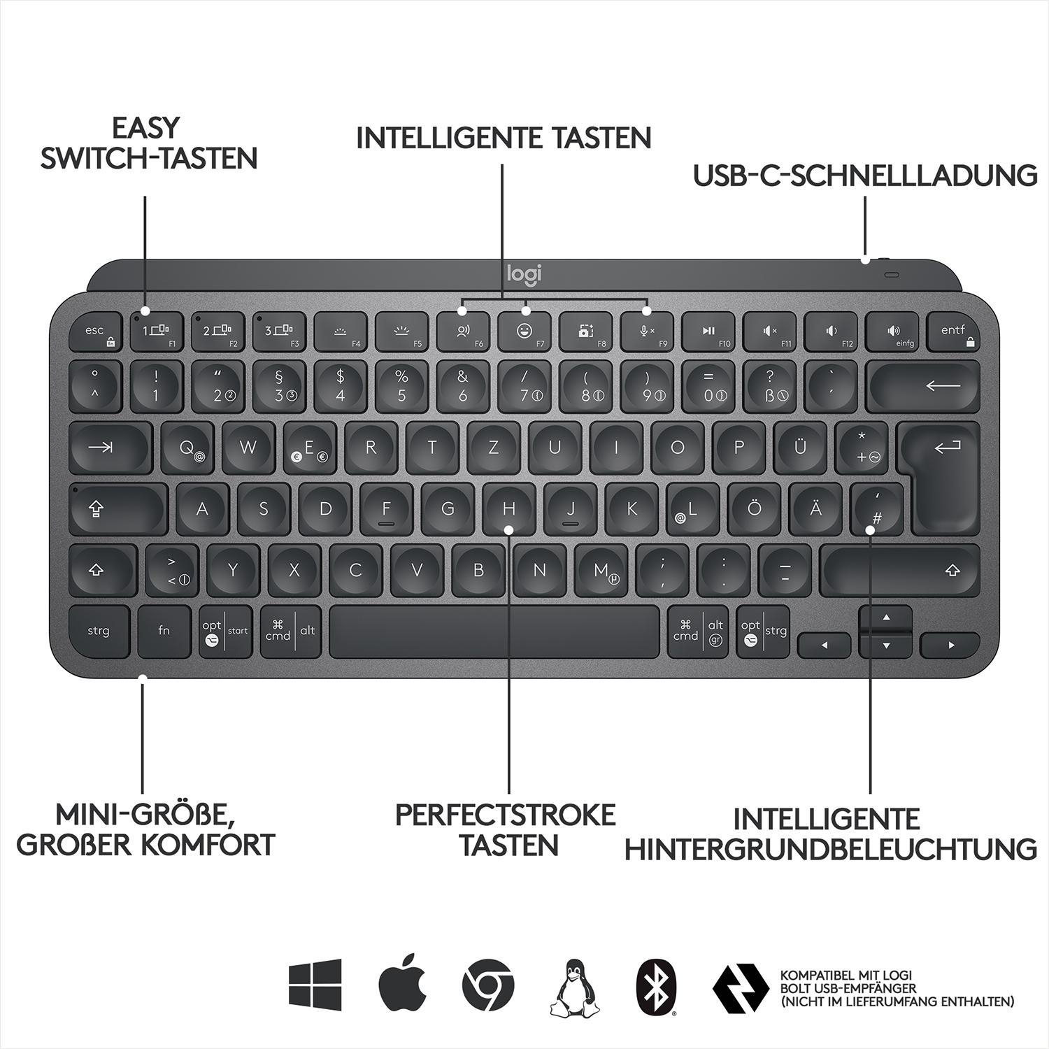 LOGITECH MX Keys Mini, Kompakt, Graphite Kabellos, Tastatur, kabellos