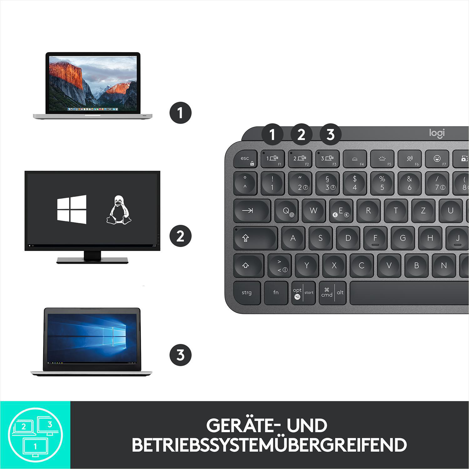 Drei Bildschirme: Laptop, Monitor mit Linux, Laptop mit Windows.
