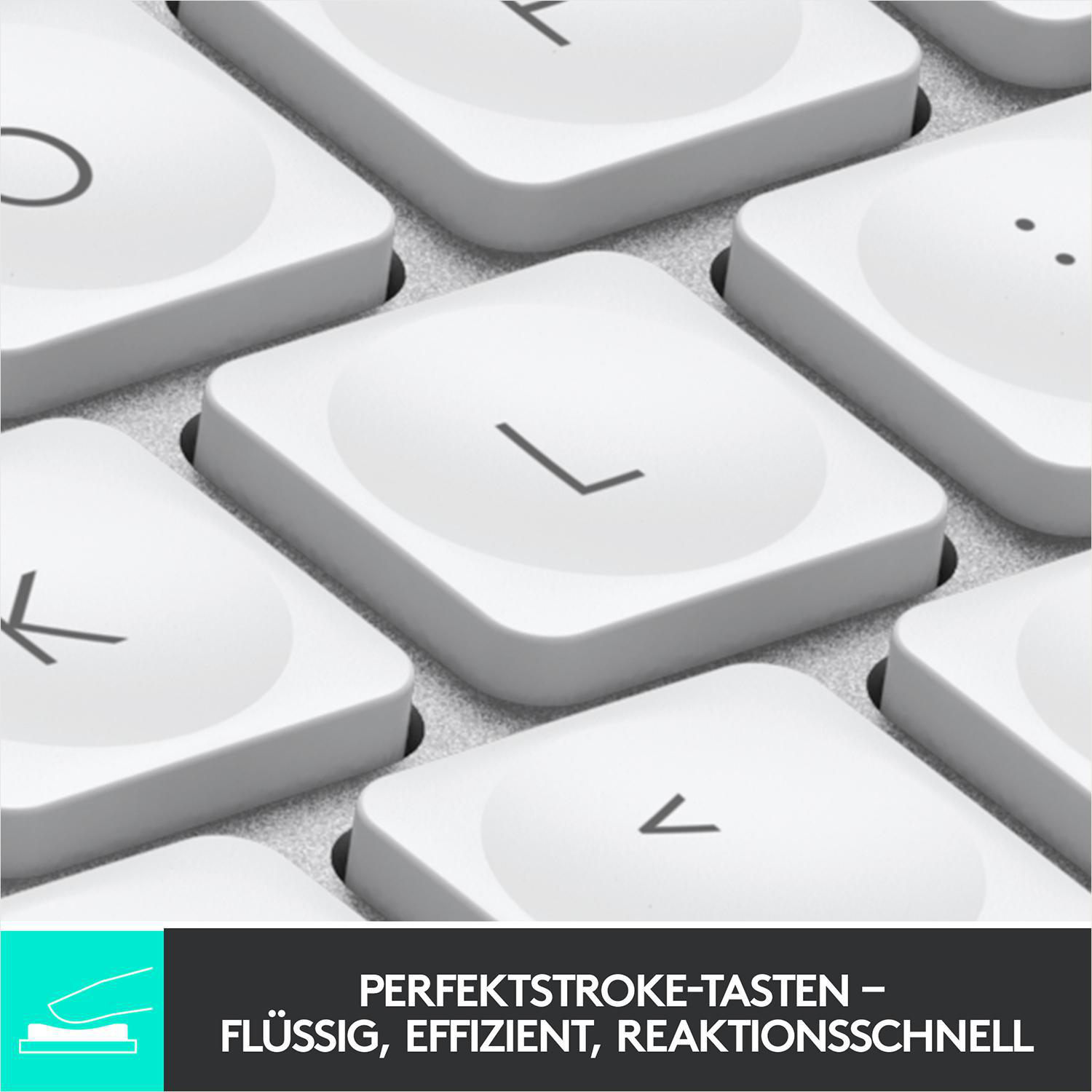 Nahaufnahme von weißen Tastaturtasten. Die 'L'-Taste ist im Fokus. Text darunter lautet: 'PFRFFKTSTROKE-TASTEN - FLÜSSIG, EFFIZIENT...