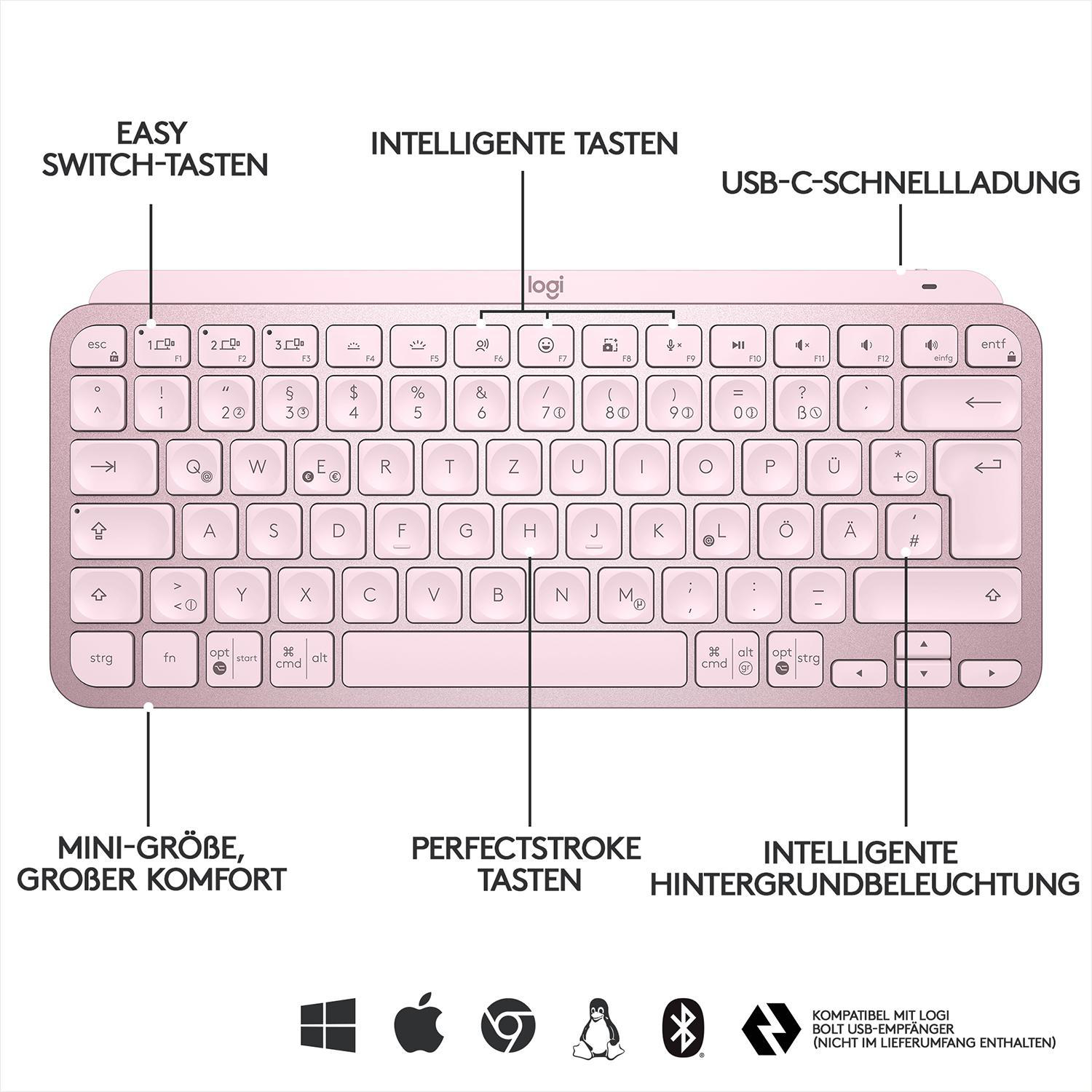LOGITECH MX Keys Mini, Kompakt, Kabellos, Tastatur, kabellos, Rose