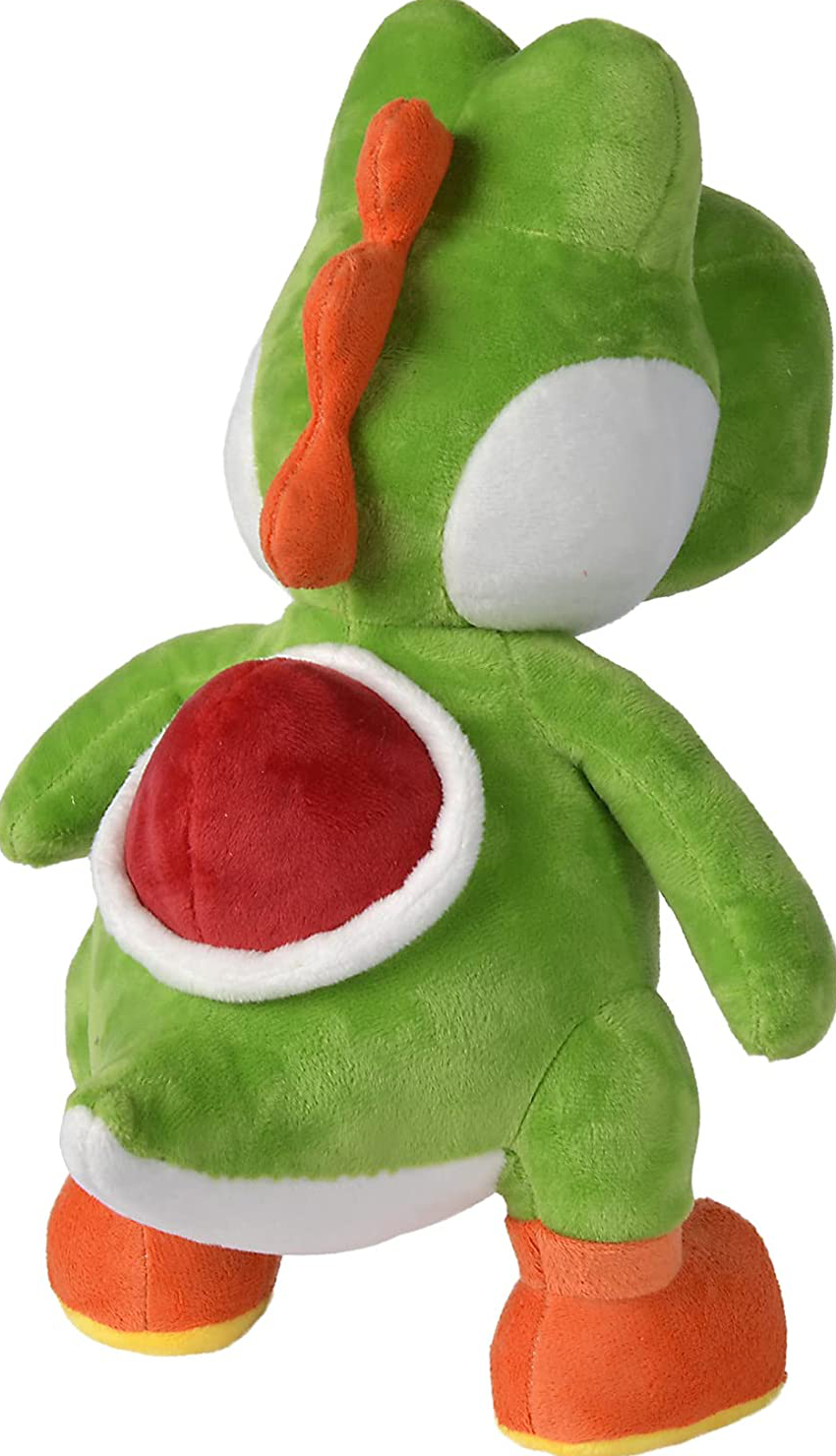 Yoshi Plüschtier. Grüner Körper, weißer Bauch, orangefarbene Schuhe und Wirbelsäule, roter Sattel.