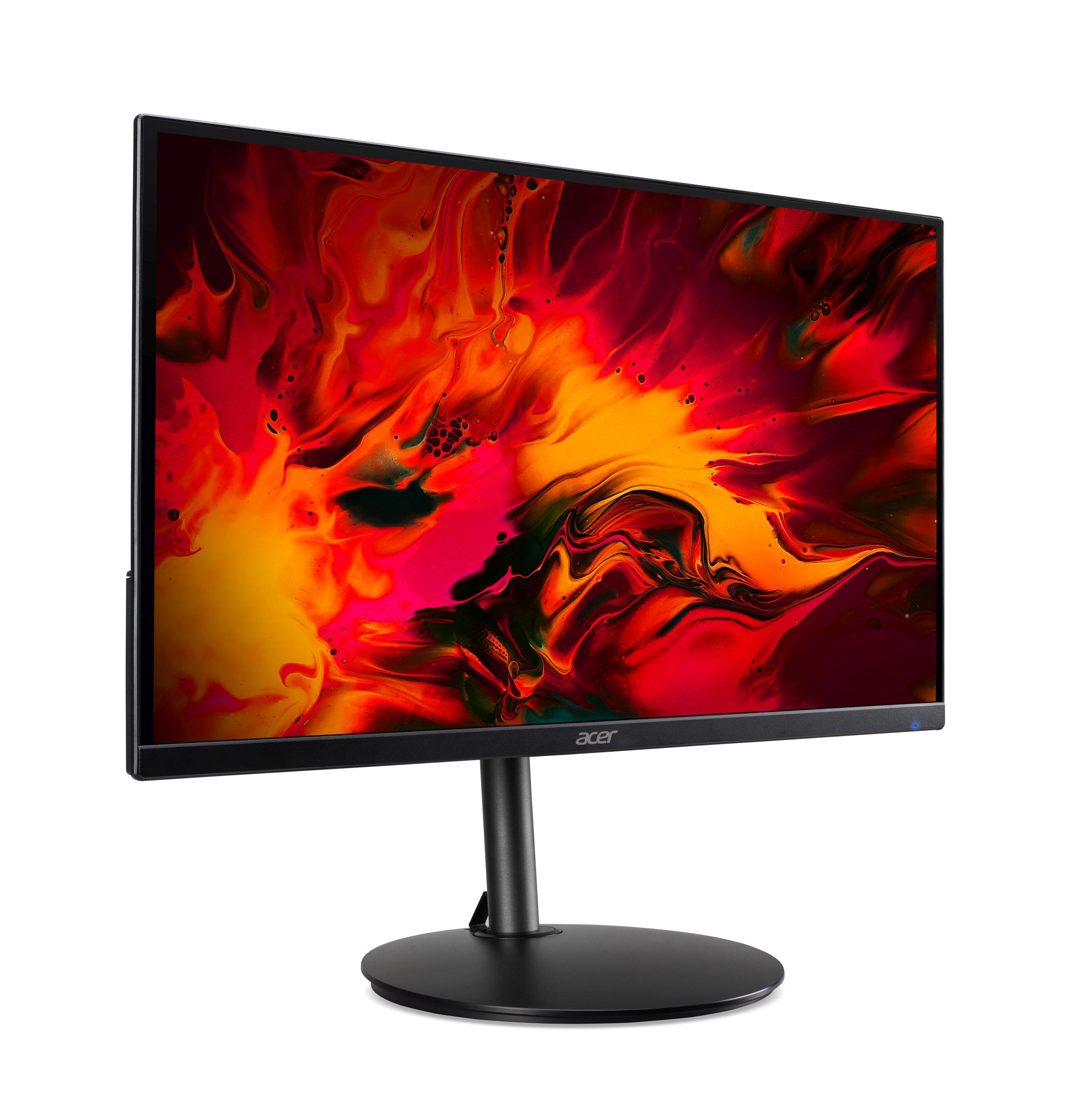 Ein Computermonitor mit schwarzem Rahmen, der ein feuriges rot-oranges Bild zeigt.