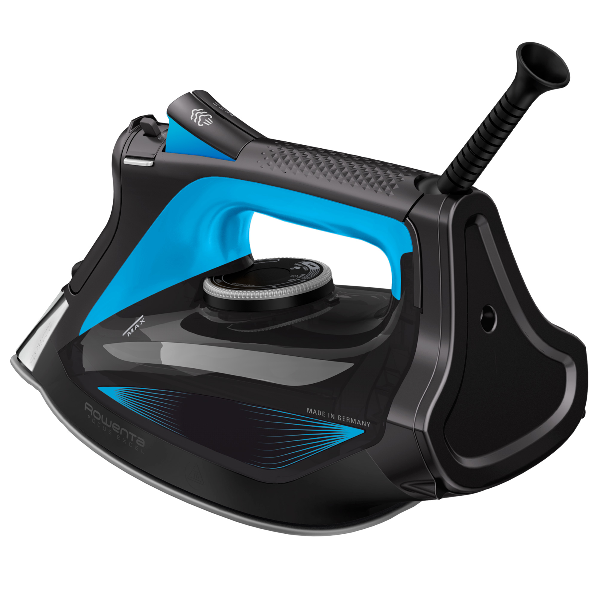 Plancha negra y azul. Tiene un asa azul y un dial de control. Fondo blanco.