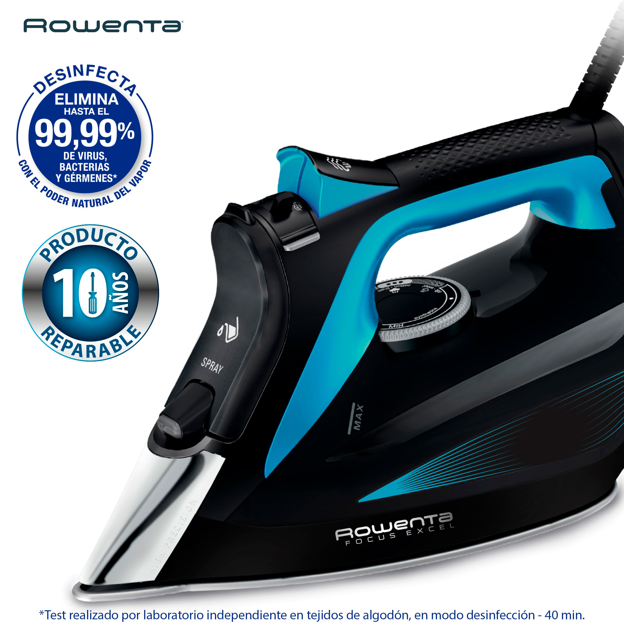 Plancha negra y azul con texto, etiquetas y logo.