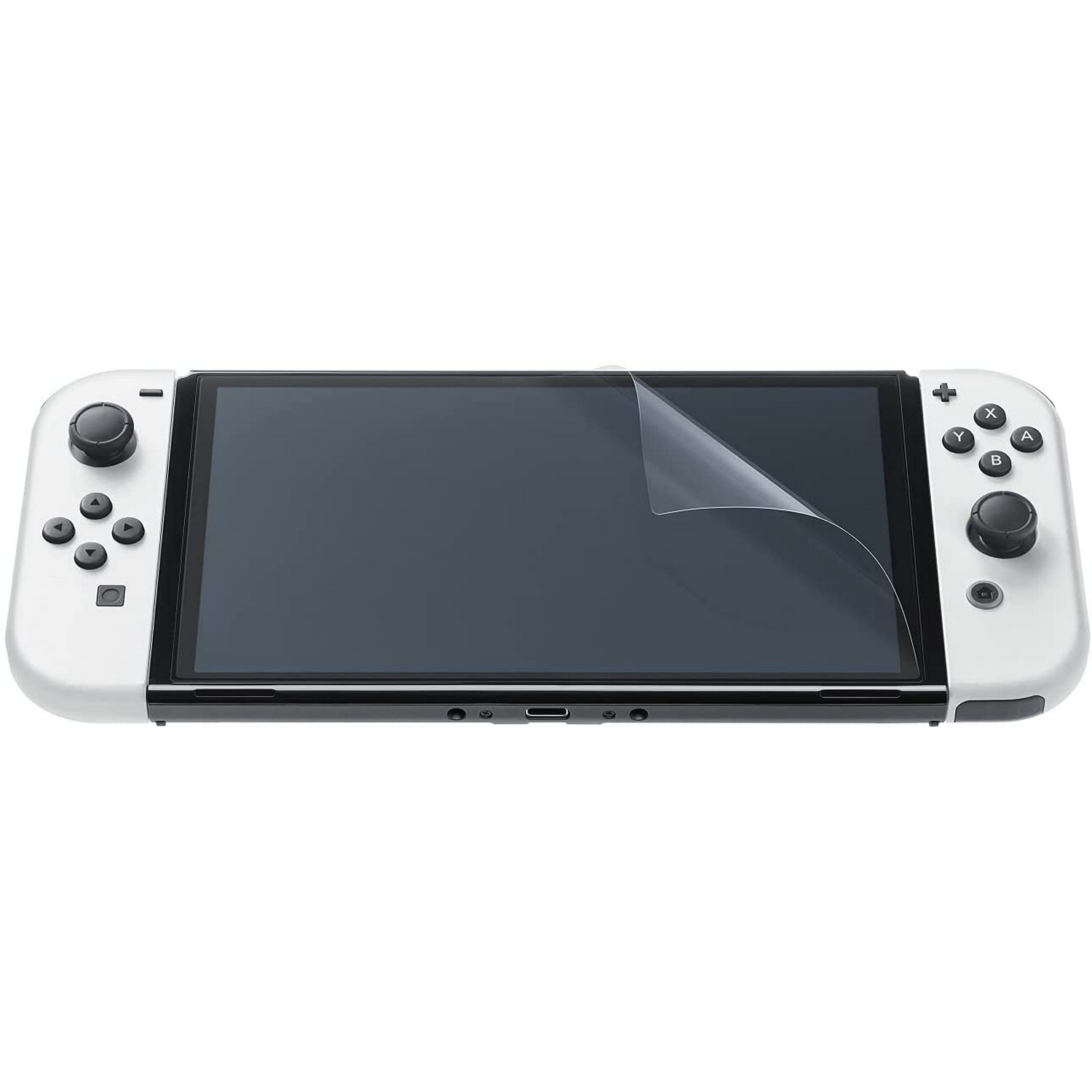 Nintendo Switch OLED blanco con protector de pantalla parcialmente despegado, sobre un fondo blanco.