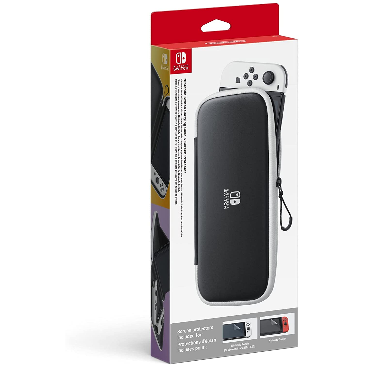 Una funda de transporte negra para Nintendo Switch con una consola Switch blanca. Un Switch rojo se muestra en la parte posterior.