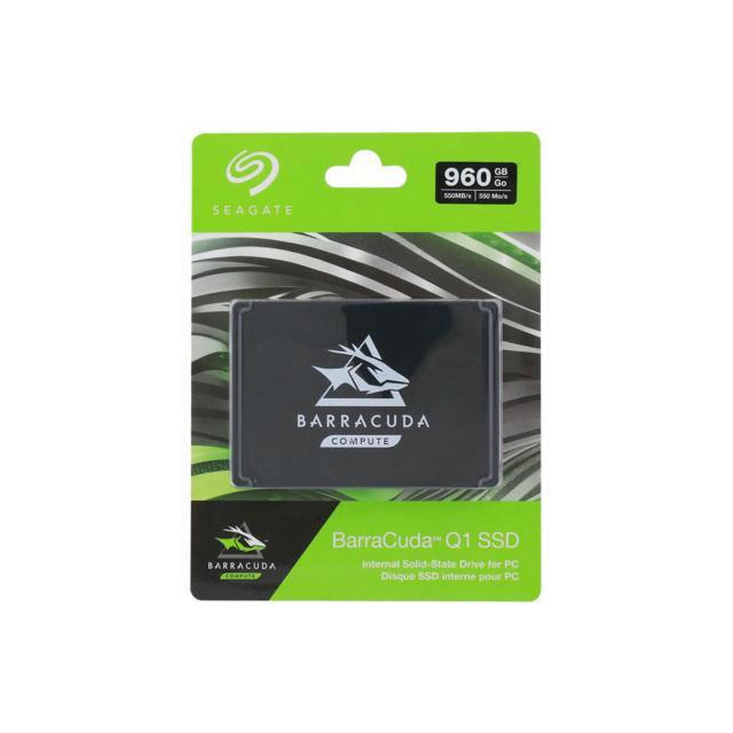 Un paquete de SSD Seagate Barracuda Q1. El embalaje es verde y negro, con la unidad visible.