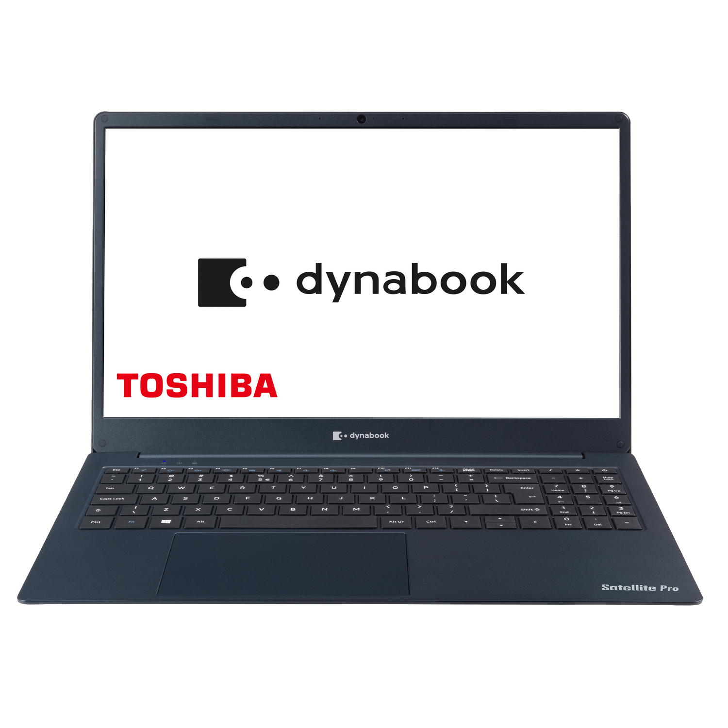 Portátil Dynabook Toshiba azul marino con pantalla blanca mostrando el logo Dynabook y la marca Toshiba.