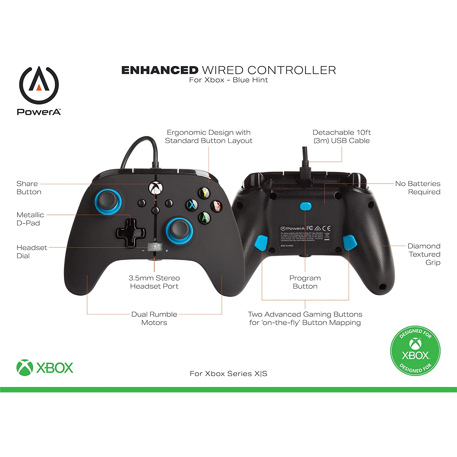 Mando de juego negro y azul. Muestra botones, gatillos y un cable USB.