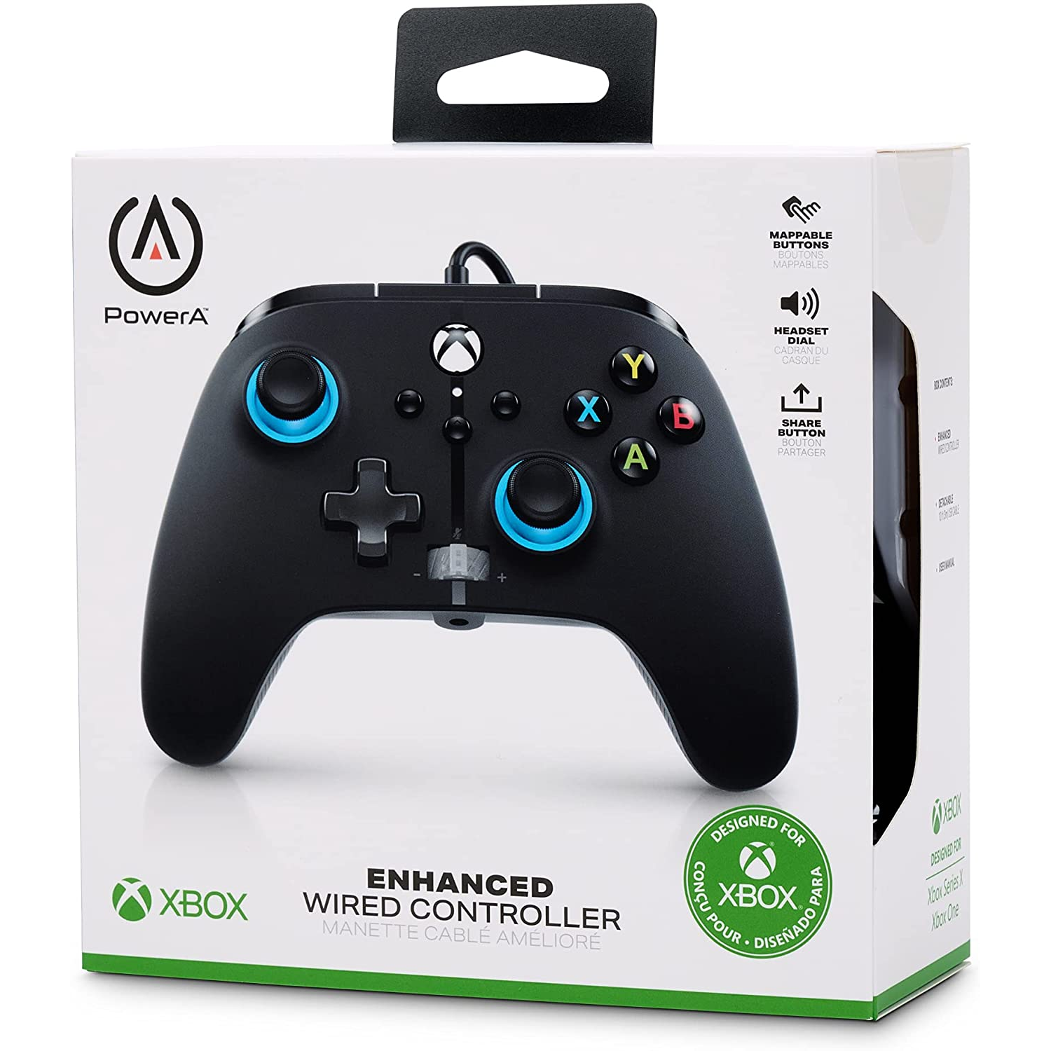 Mando Xbox negro en embalaje. Acentos azules en botones, con conexión por cable y marca PowerA.