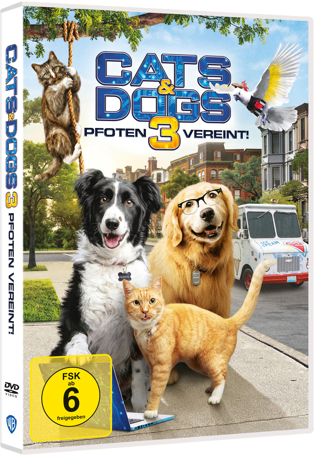 DVD-Cover von 'Cats & Dogs 3', mit einer Katze, einem Hund und einem Eiswagen.
