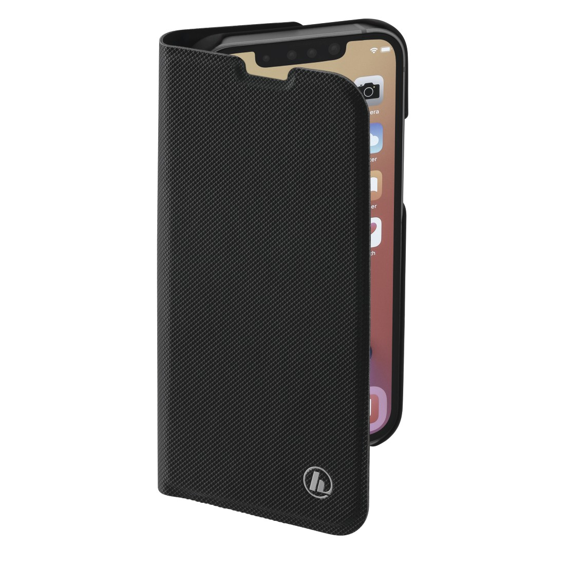 Schwarze Handyhülle offen, zeigt ein Telefon mit Bildschirm. Hama-Logo sichtbar.