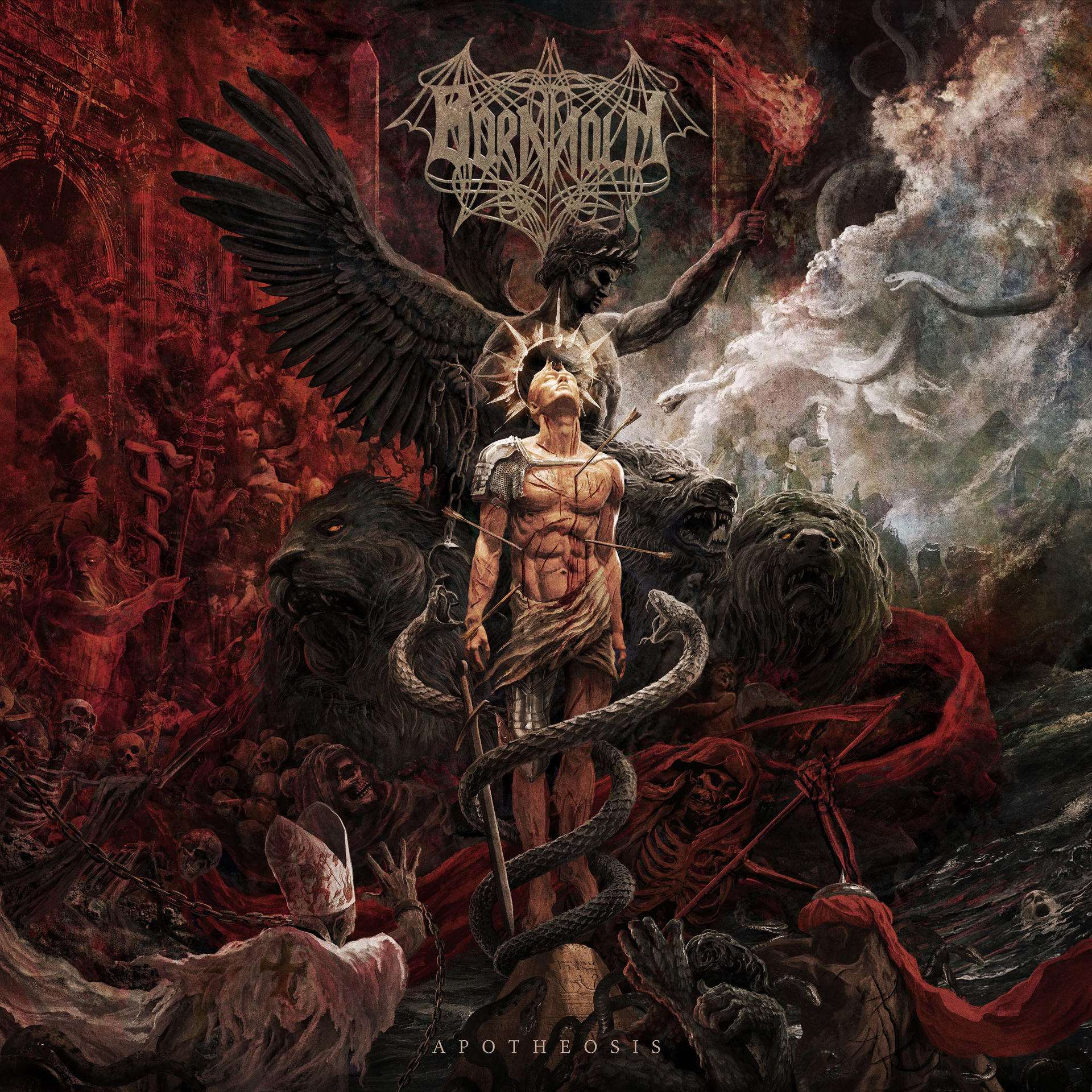 Egy sötét metal album borítója egy megkínzott alakot ábrázol, nyílvesszőkkel, oroszlánok, kígyók és egy szárnyas figura veszik körül, egy pokoli jelenetben.