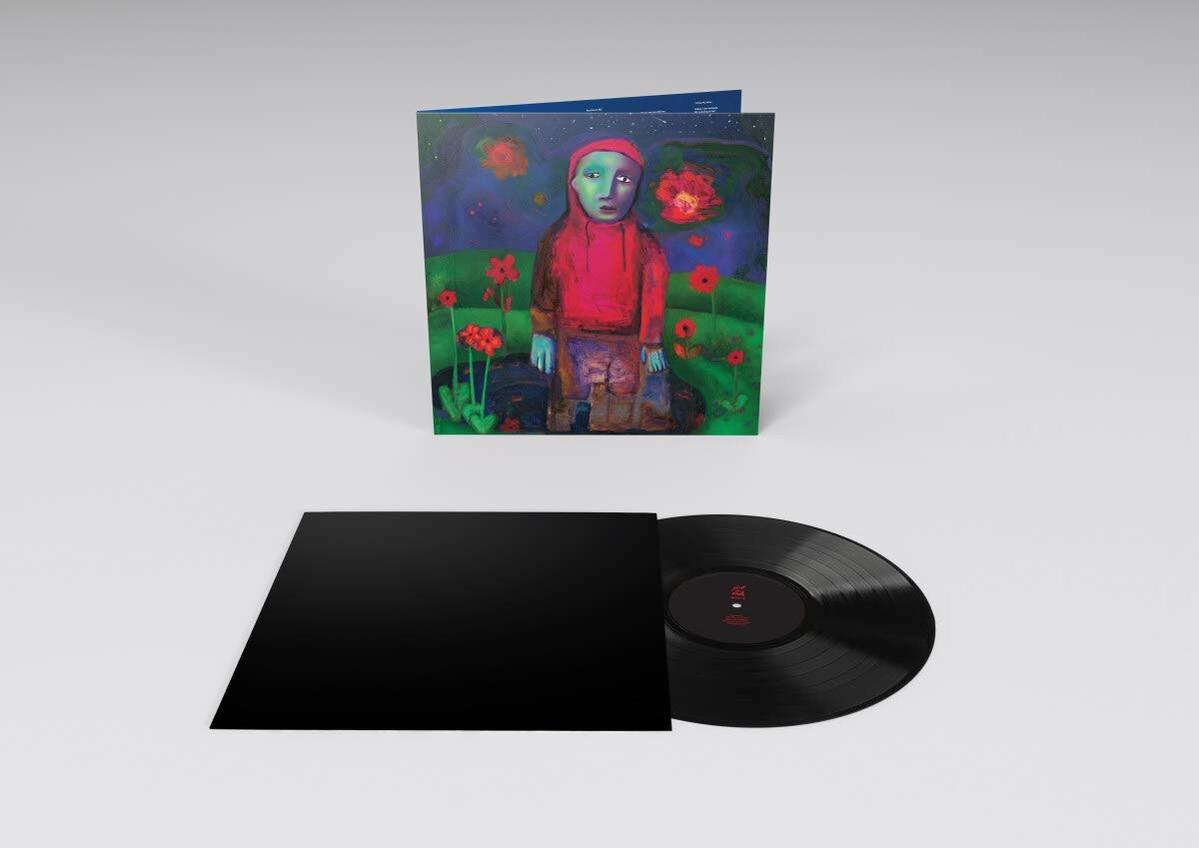 Album borító, rajta egy piros kabátos személy festményével. Egy fekete bakelit lemez a borító mellett.
