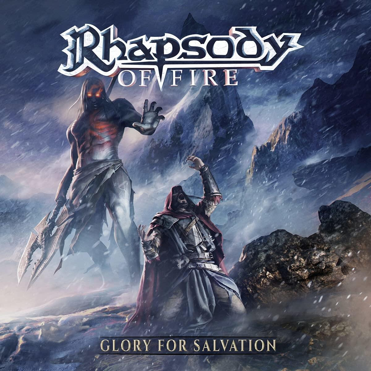 Album borító: Két alak egy havas hegyi jelenetben. Egy nagy, piros mellkasú figura, és egy térdelő. Cím: Rhapsody of Fire.