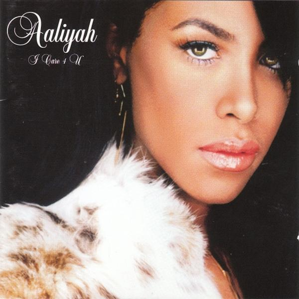 Aaliyah album borító. Hosszú hajú nő, szőrmekabát. 'Aaliyah' felirat felül.