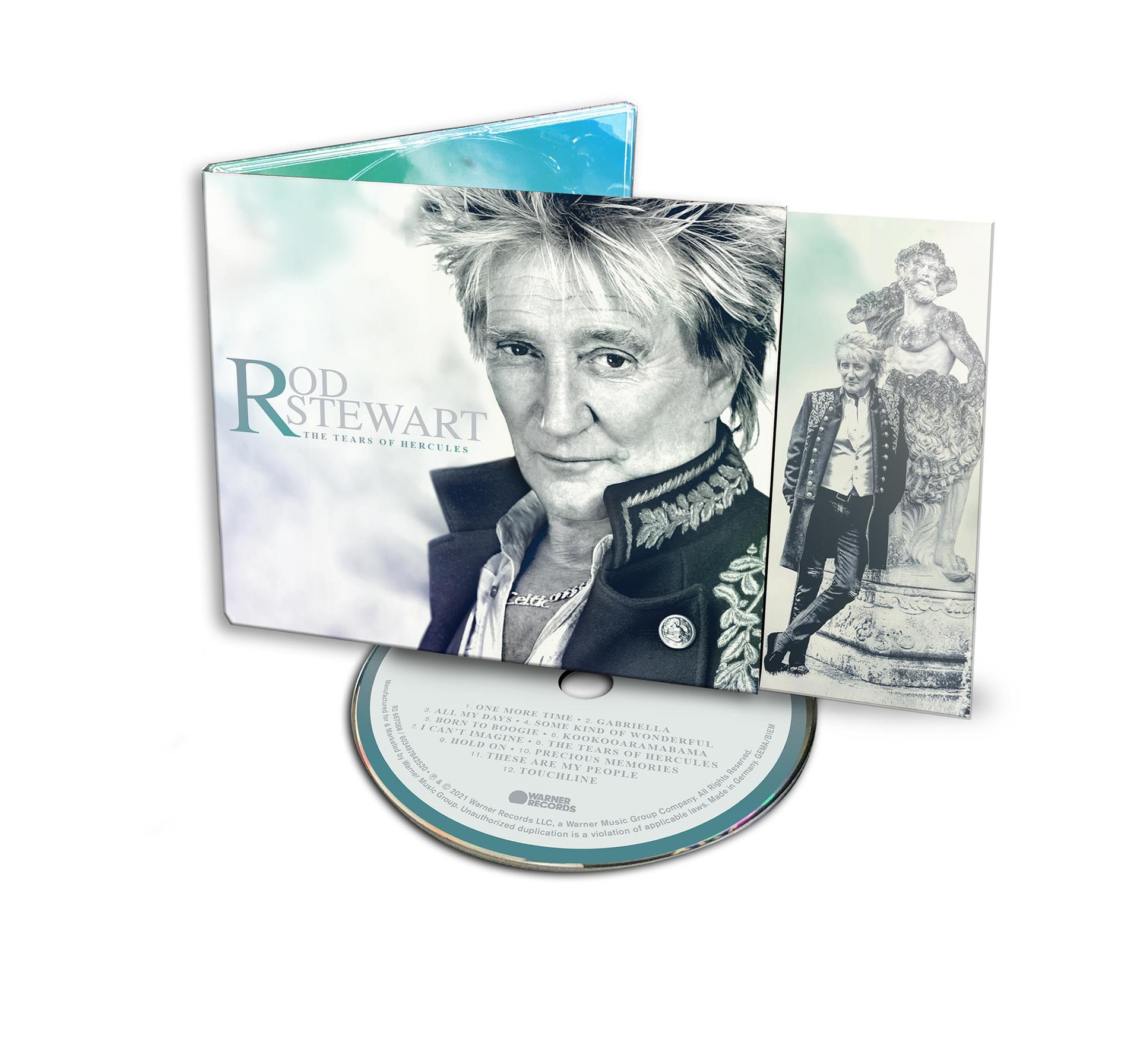 De albumhoes voor Rod Stewart's 'The Tears of Hercules' met de cd en het boekje open.