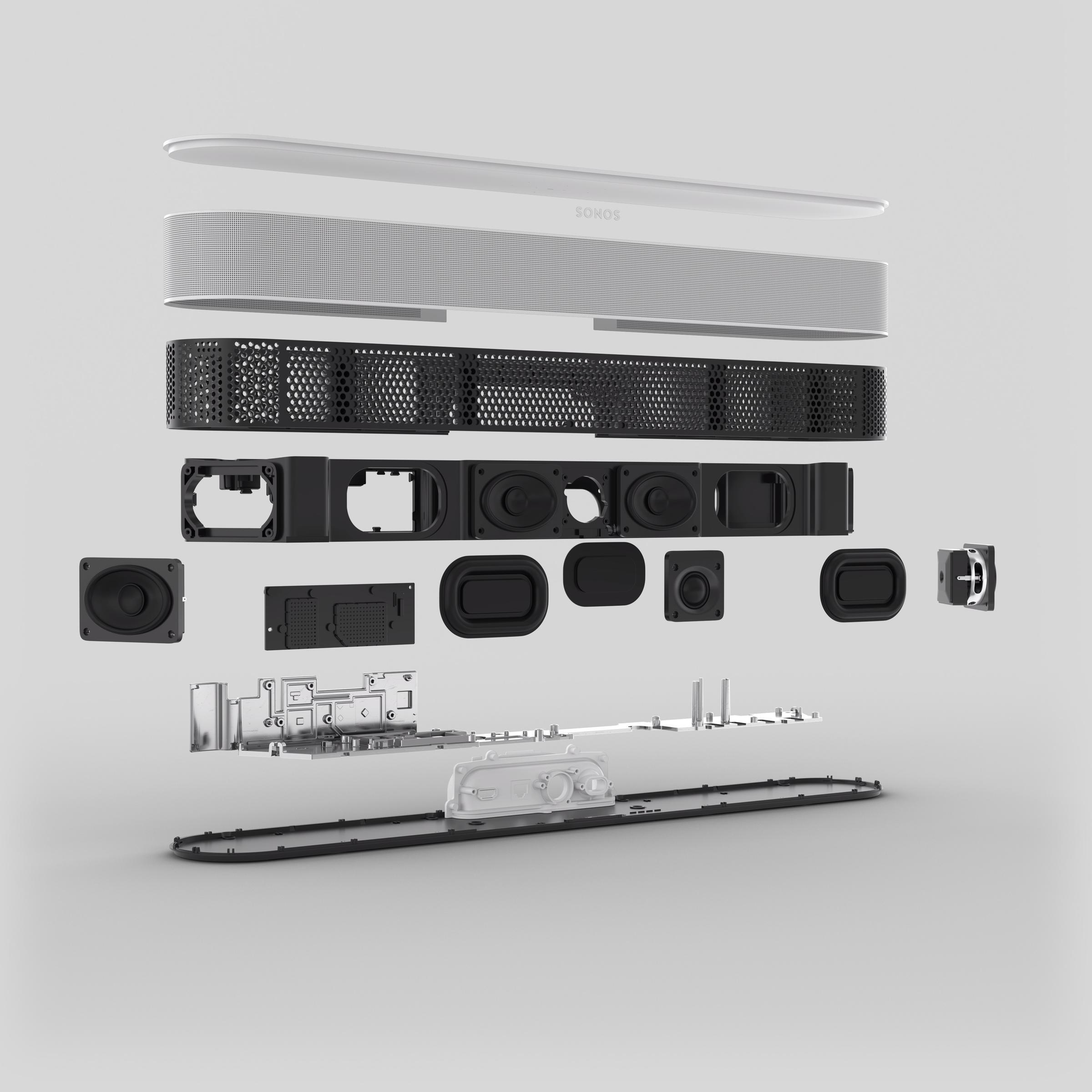 Explosionsansicht einer Sonos Soundbar, die interne Komponenten zeigt.