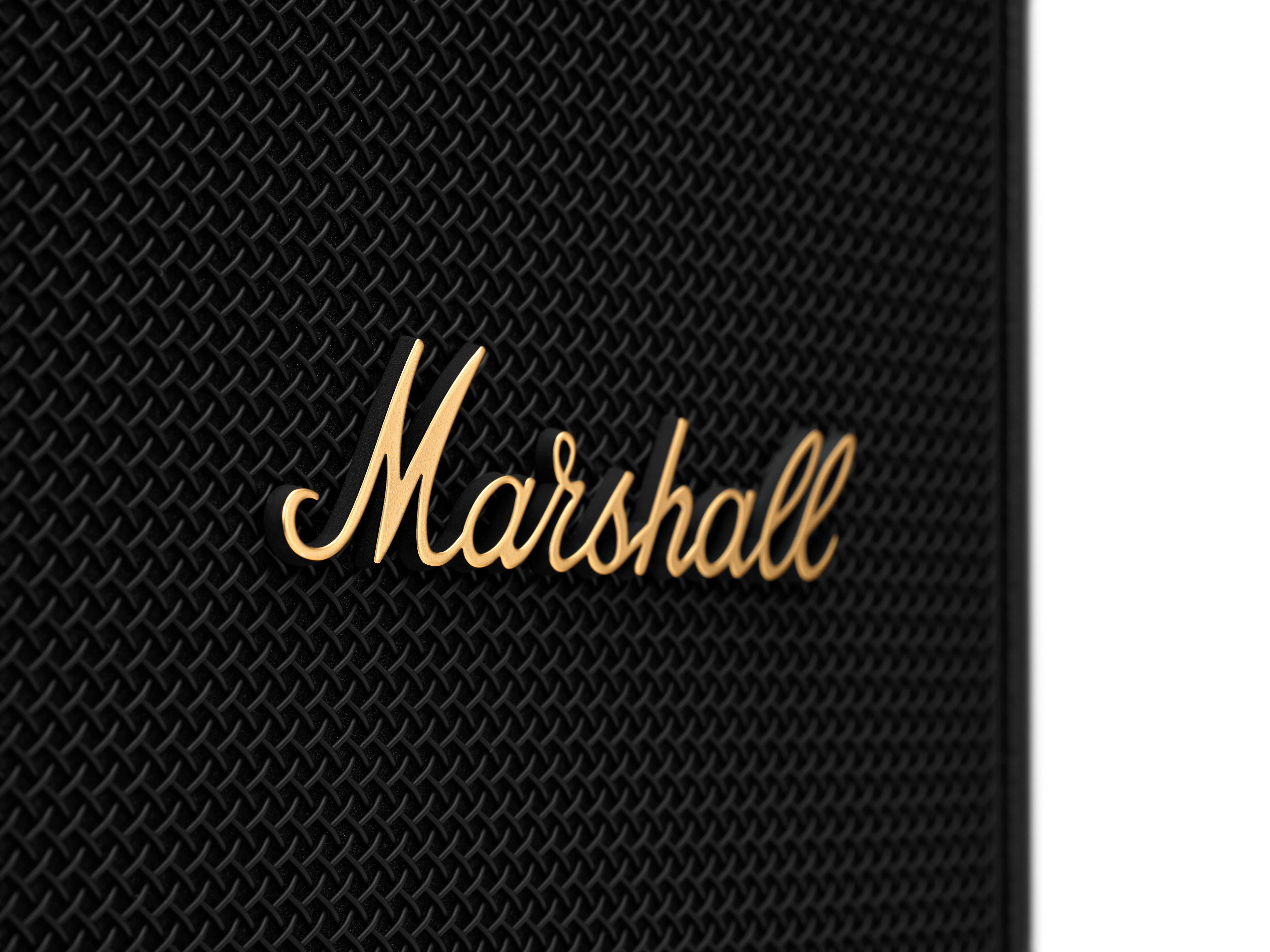 Nahaufnahme eines Marshall-Lautsprechers. Das Logo ist goldfarben und prominent auf einer schwarzen, strukturierten Lautsprecherfläche.