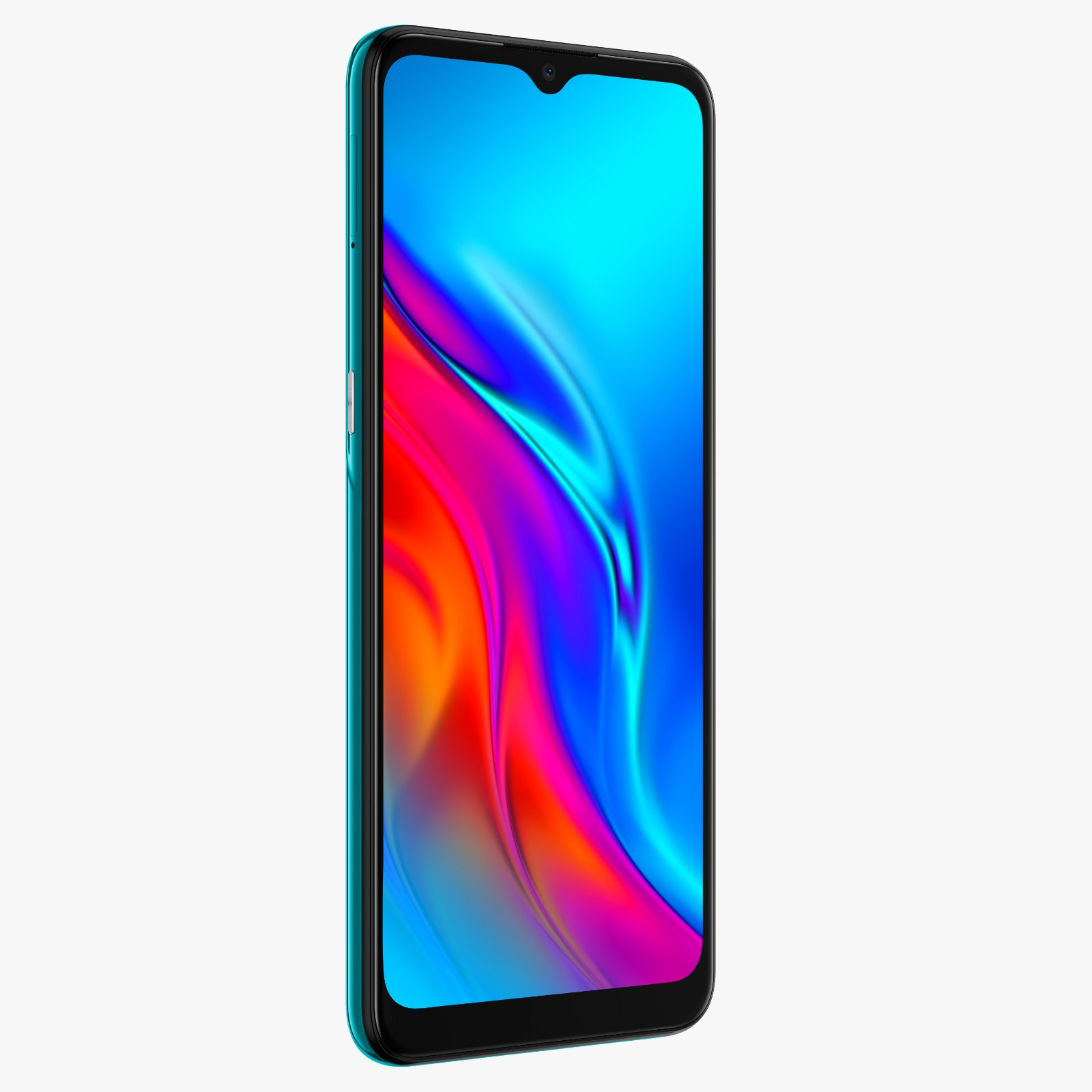 Yan taraftan görülen turkuaz bir telefon. Ekran renkli soyut bir tasarım gösteriyor.