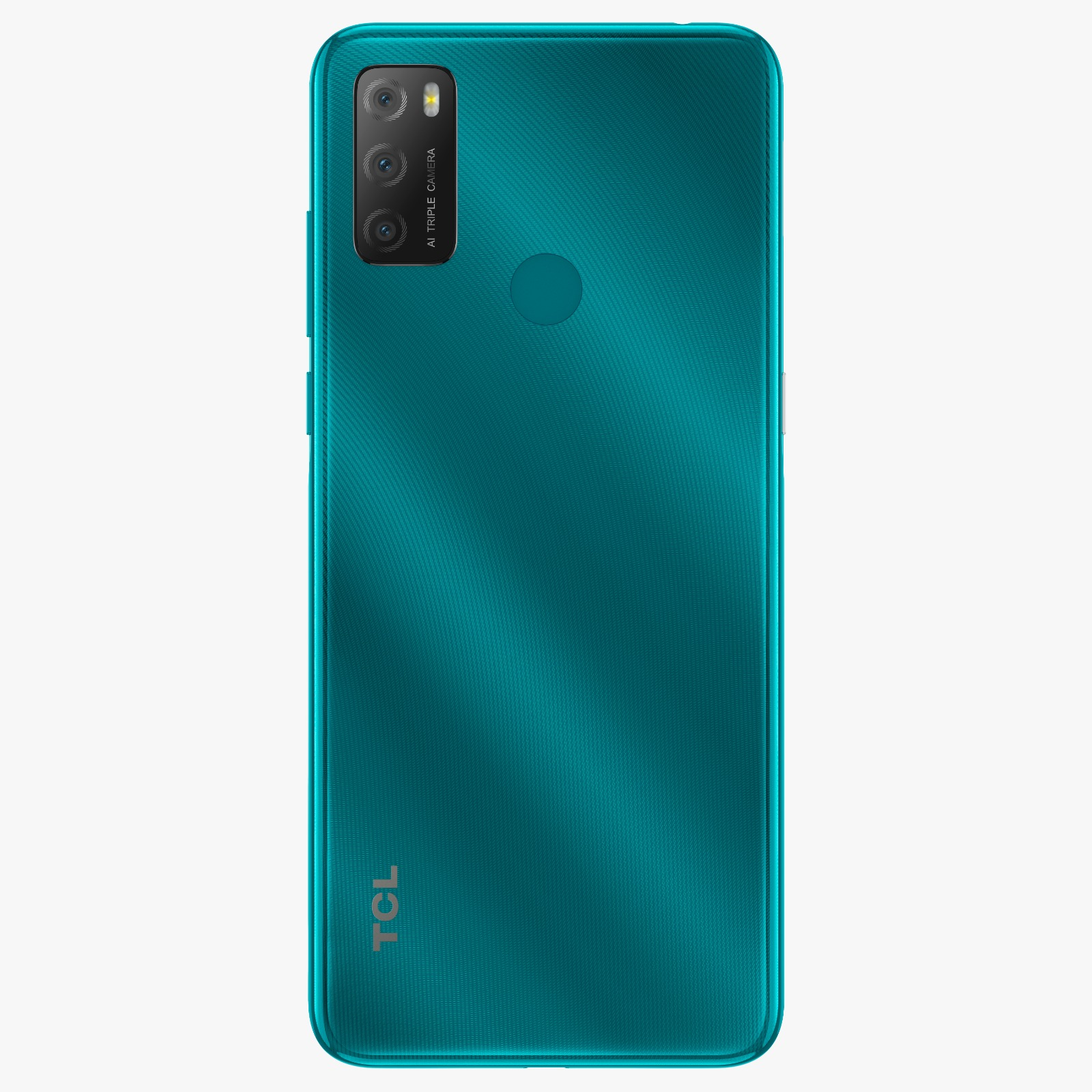 Turkuaz akıllı telefon, arka görünüm. Üçlü kamera kurulumuna ve parmak izi sensörüne, marka logosuyla sahiptir.