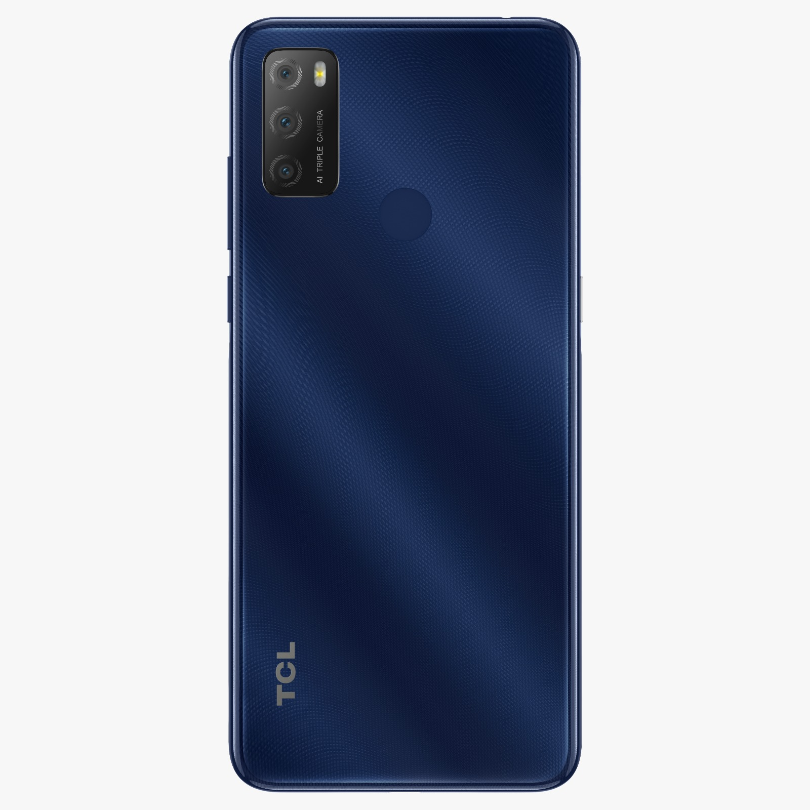 Mavi bir TCL akıllı telefonun arka yüzü, üçlü kamera kurulumu ve TCL logosu ile.