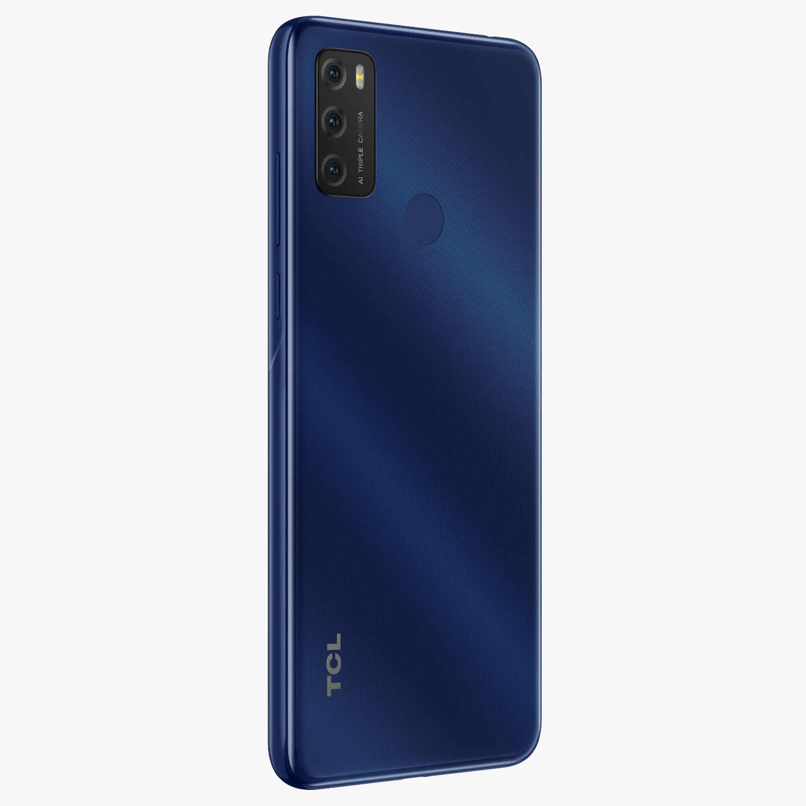 Mavi bir TCL akıllı telefonun üçlü kamera kurulumuyla arka görünümü.