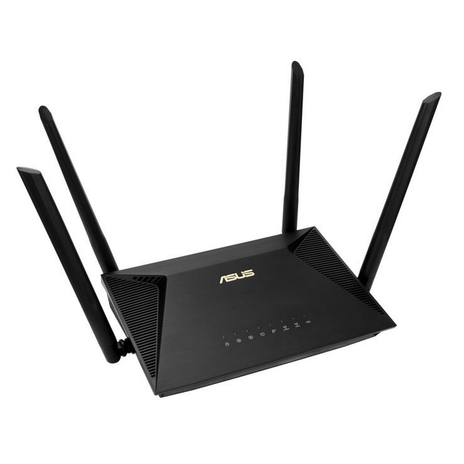Enrutador ASUS negro con cuatro antenas. El enrutador se encuentra sobre un fondo blanco, con el logotipo de ASUS.