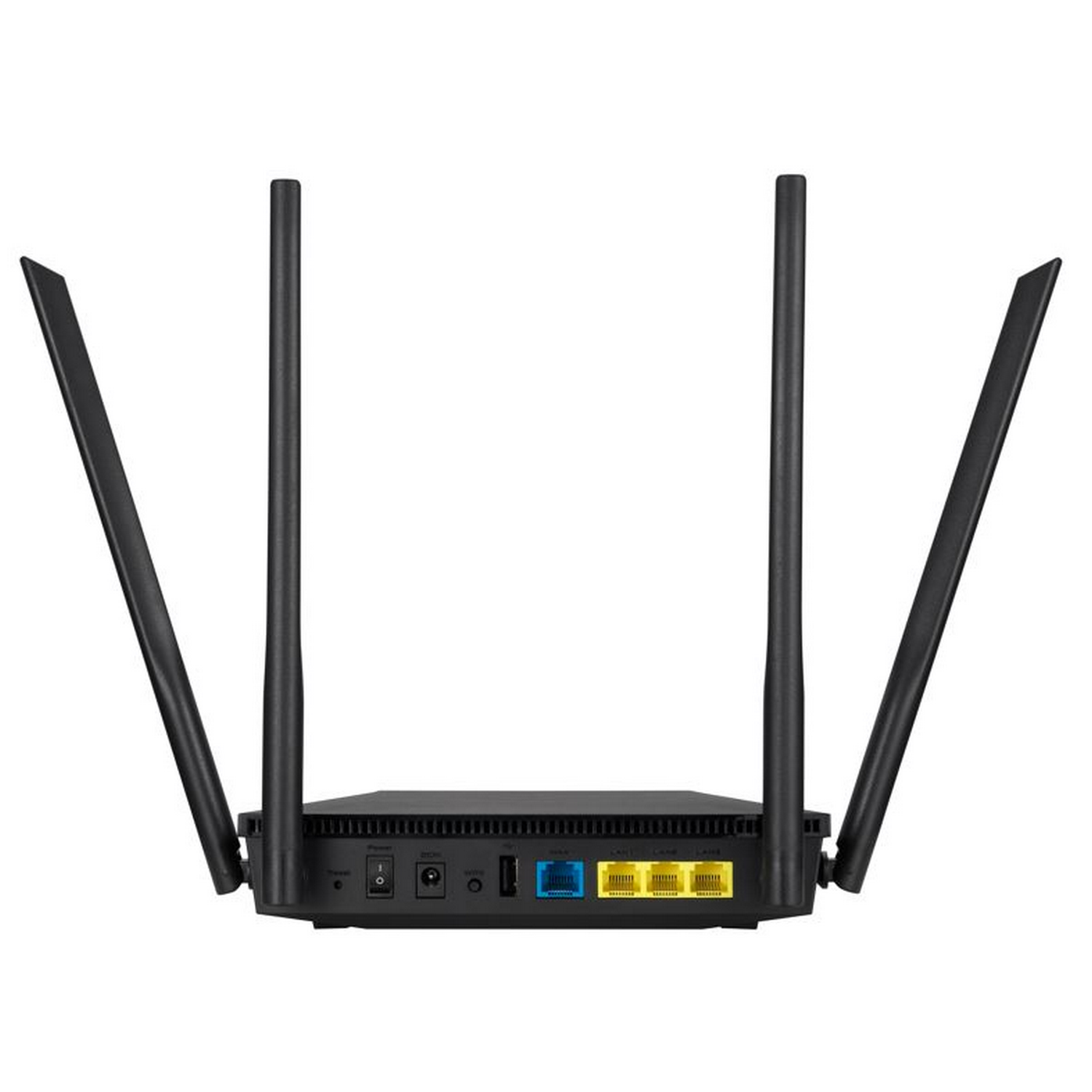 Un enrutador negro con cuatro antenas. Vista trasera, mostrando puertos y conexiones de alimentación. Antenas anguladas hacia afuera.