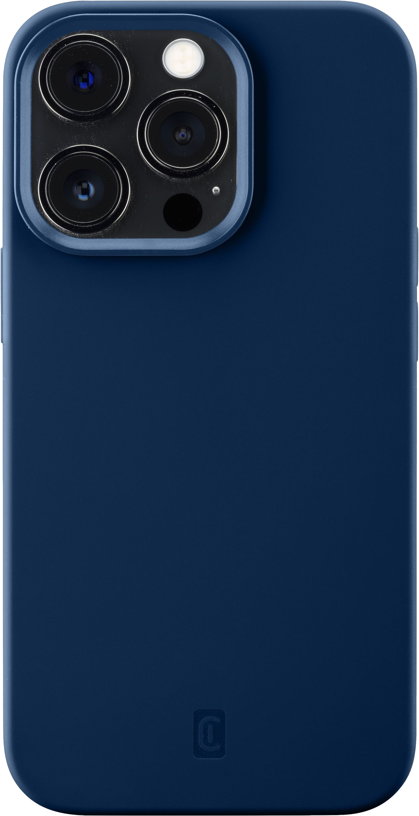 Custodia per telefono blu scuro. La custodia ha tre fotocamere.