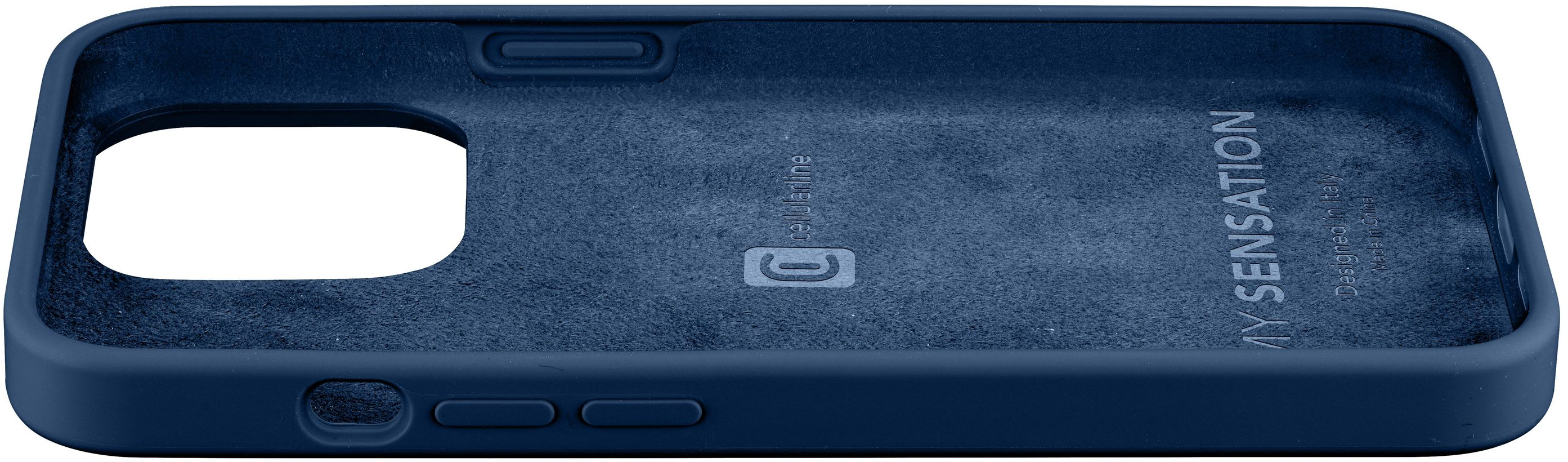 Una custodia per telefono blu scuro, vista interna. L'interno è simile alla pelle scamosciata, con il nome del marchio visibile.