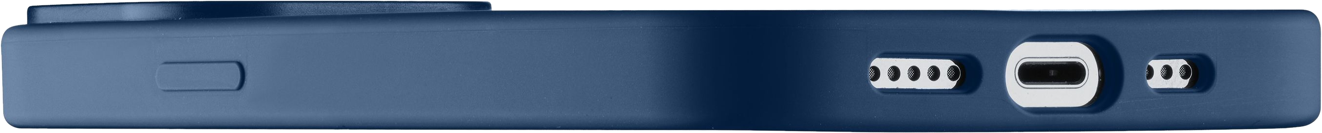 Vista laterale di una custodia per telefono blu scuro con aperture per pulsanti, una porta di ricarica e altoparlanti.