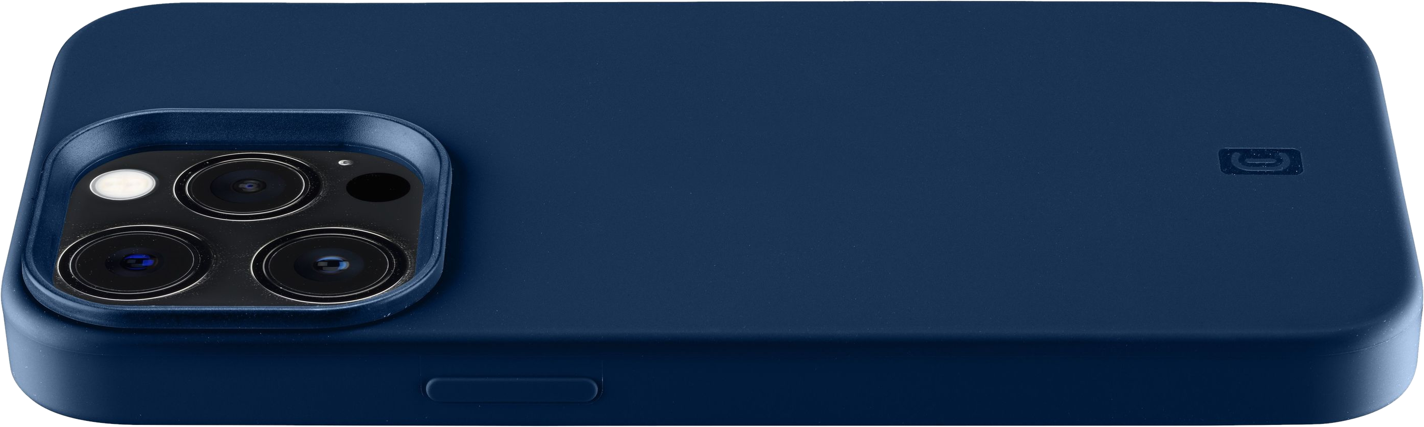 Custodia blu per telefono con lenti della fotocamera e flash visibili.