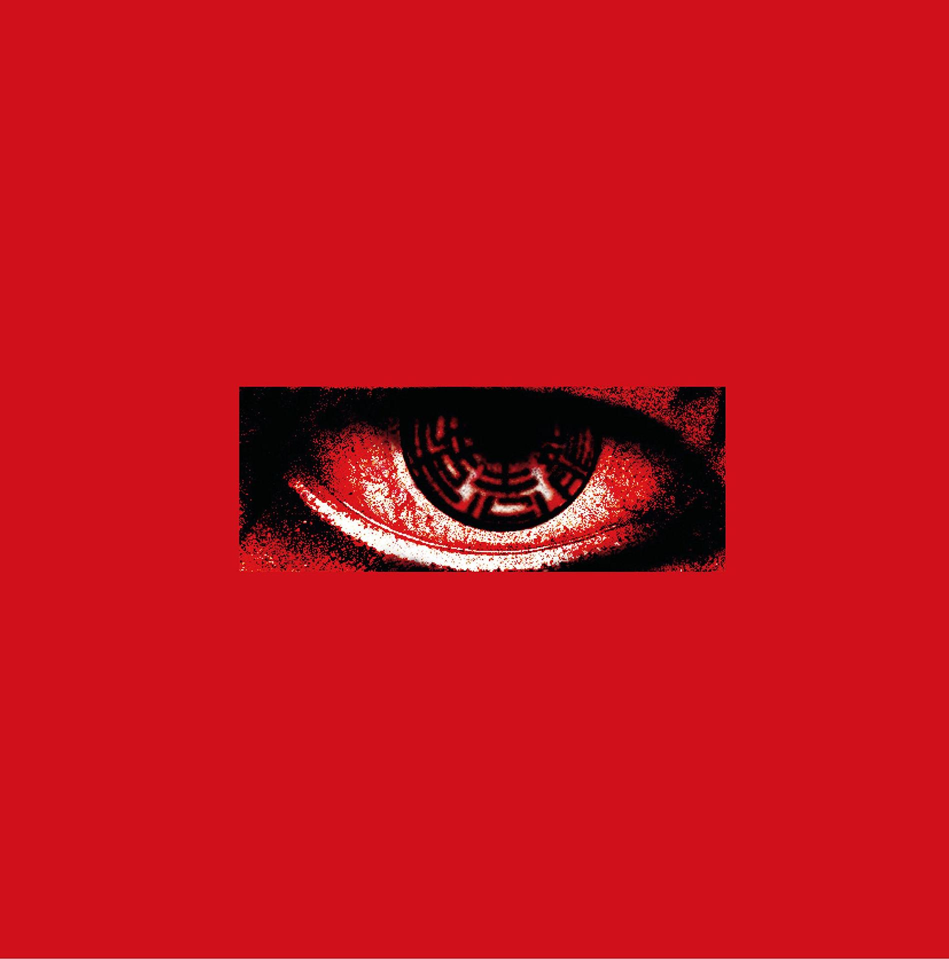 Close-up van een rood oog met een labyrintpatroon. Rode achtergrond. Intens en vet.