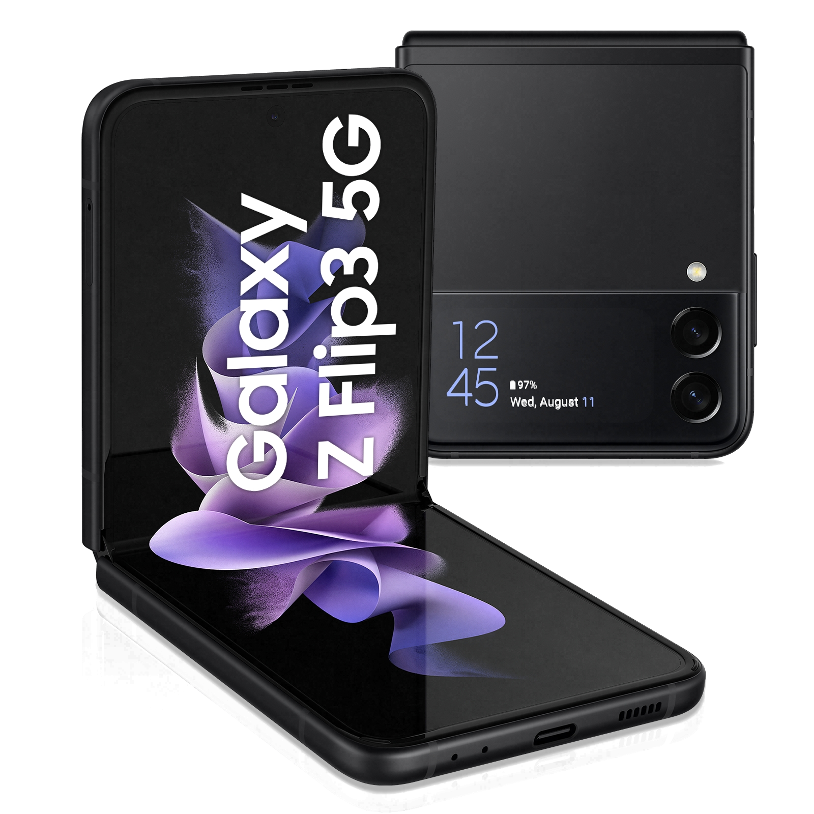 Siyah renkte Samsung Galaxy Z Flip3 5G, açık. Saat 12:45, Çarşamba, 11 Ağustos.