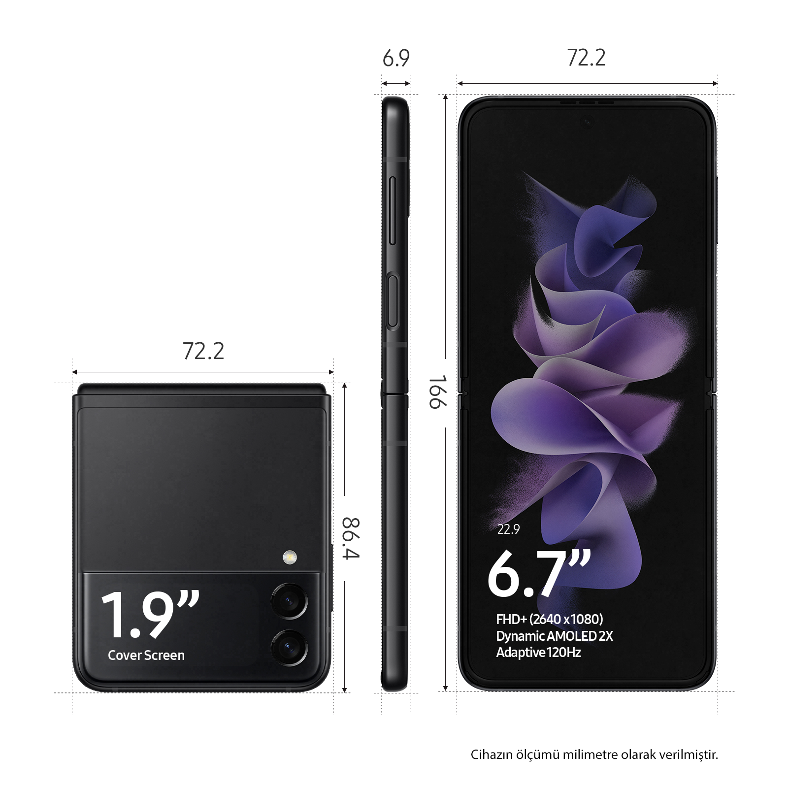 Beyaz zemin üzerinde boyutları olan siyah Samsung Galaxy Z Flip.