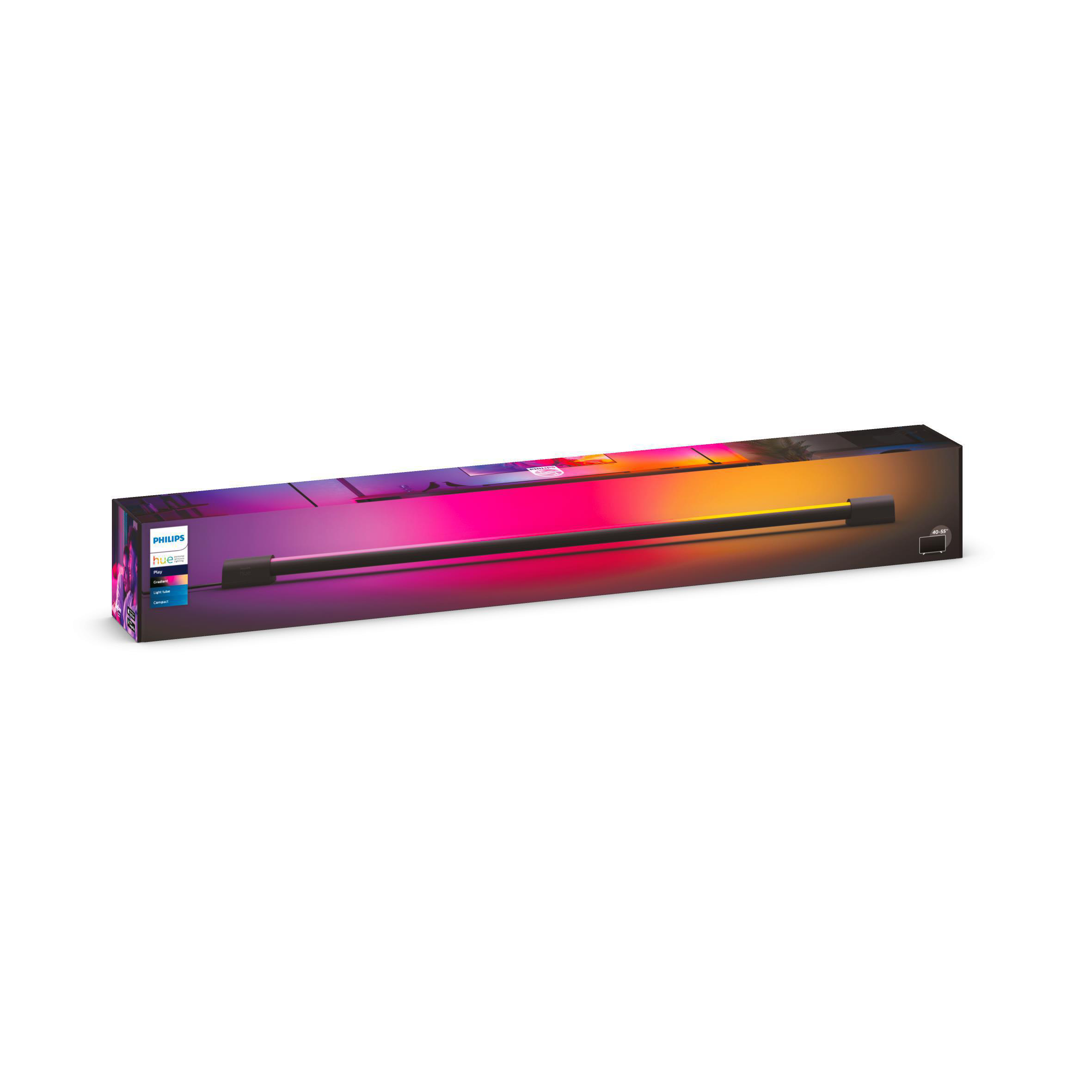 Eine lange rechteckige Schachtel mit dem Philips Hue-Logo, die eine Lichtleiste enthält.