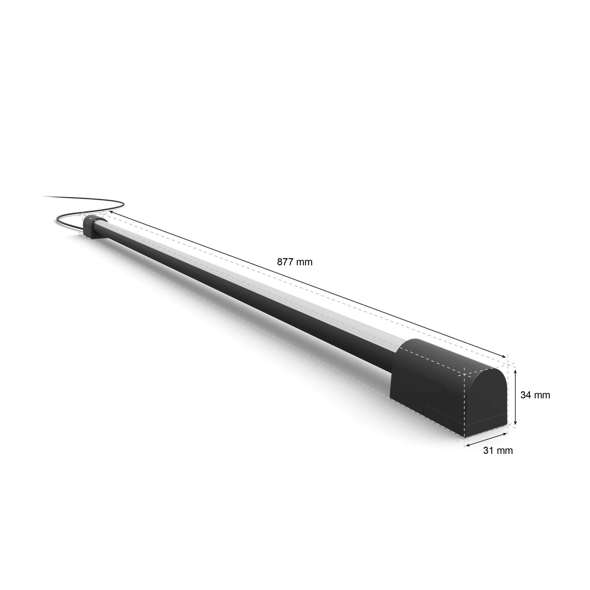 Lange, schwarze LED-Lichtleiste mit Maßen: 877mm, 34mm, 31mm.