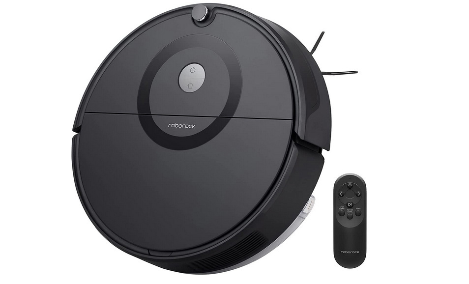 Schwarzer Roboter-Staubsauger mit Fernbedienung.