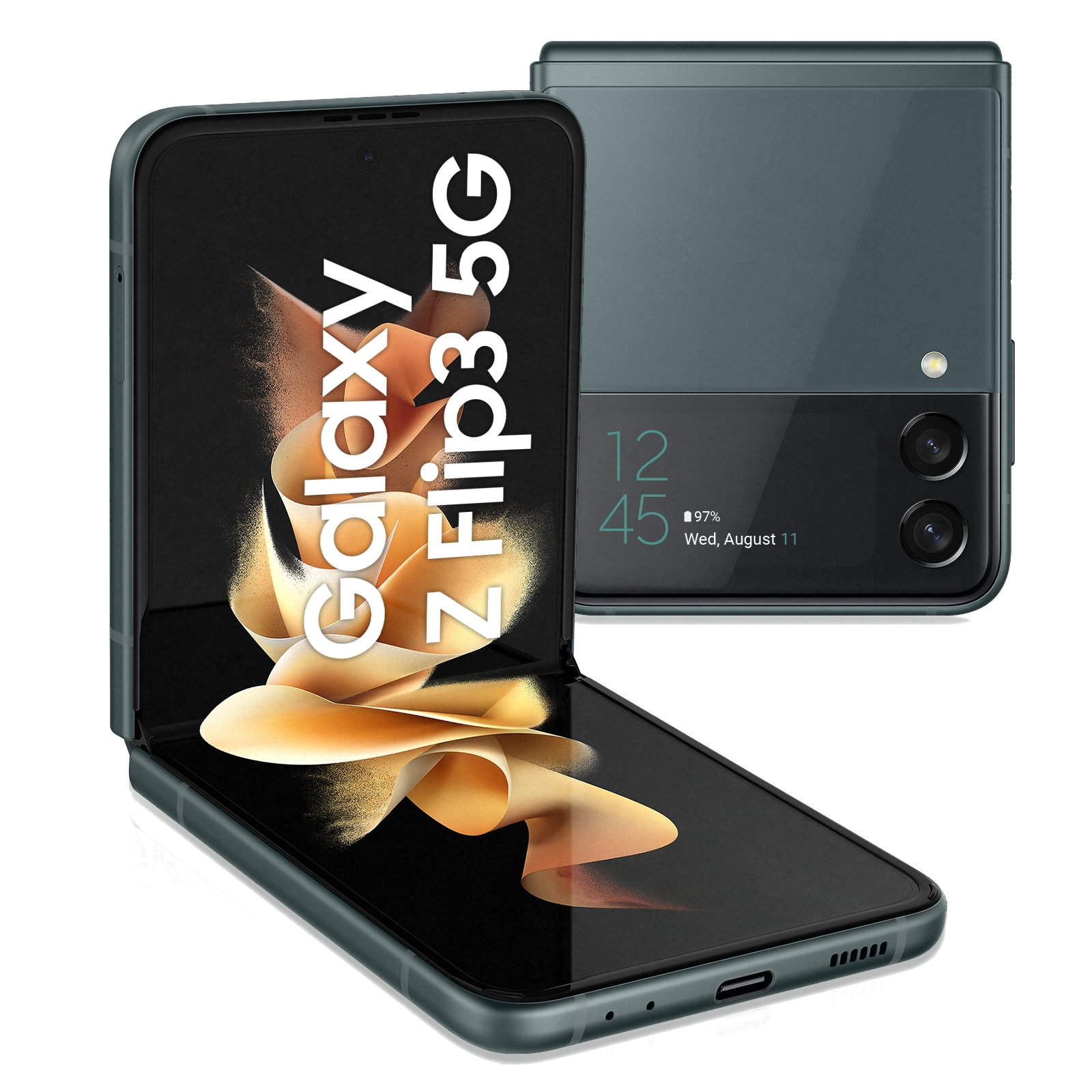 Mavi-yeşil bir Samsung Galaxy Z Flip3 5G akıllı telefon, açık ve kapalı.