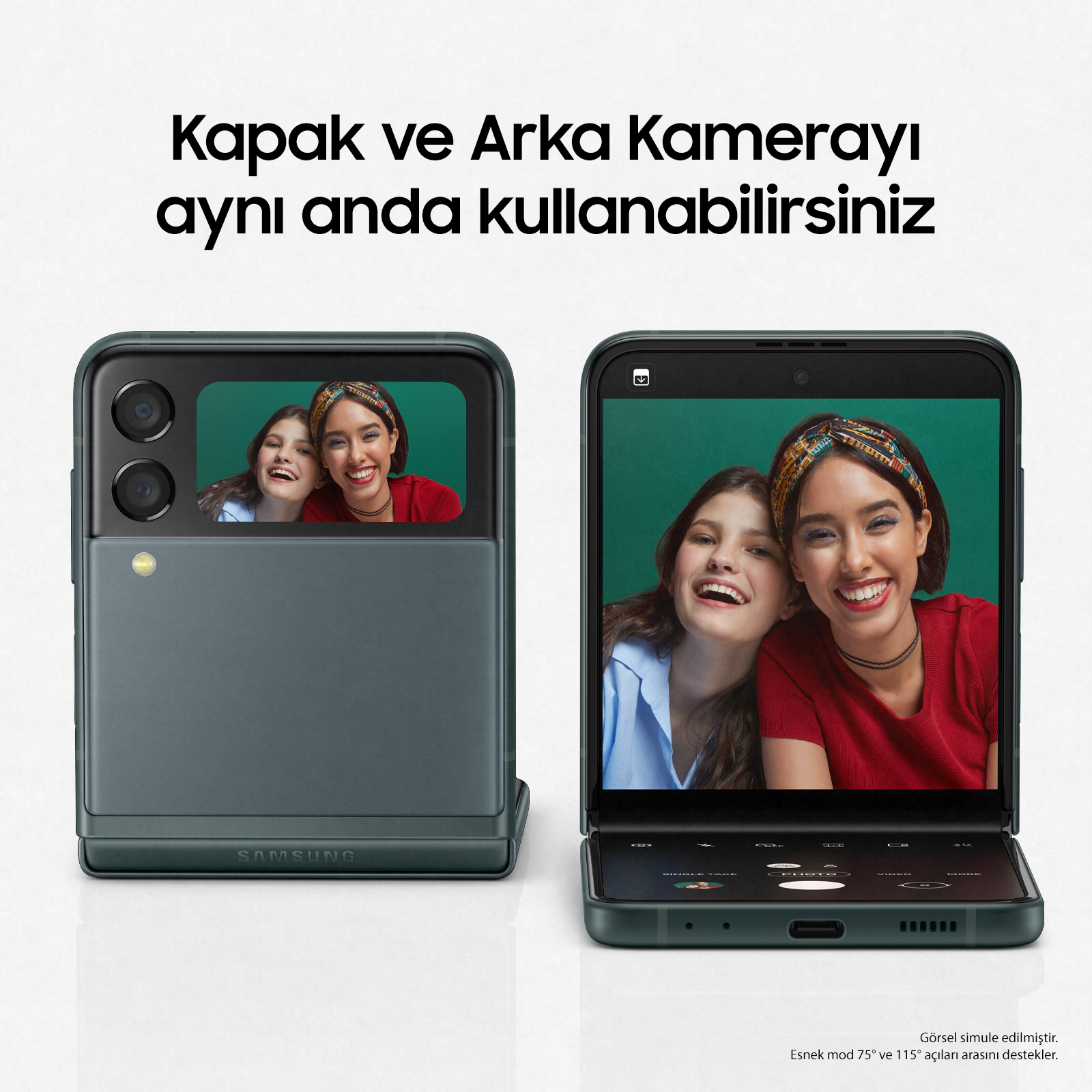 İki gülümseyen kadınla birlikte, açık ve kapalı, yeşil bir Samsung telefonunun iki görüntüsü.