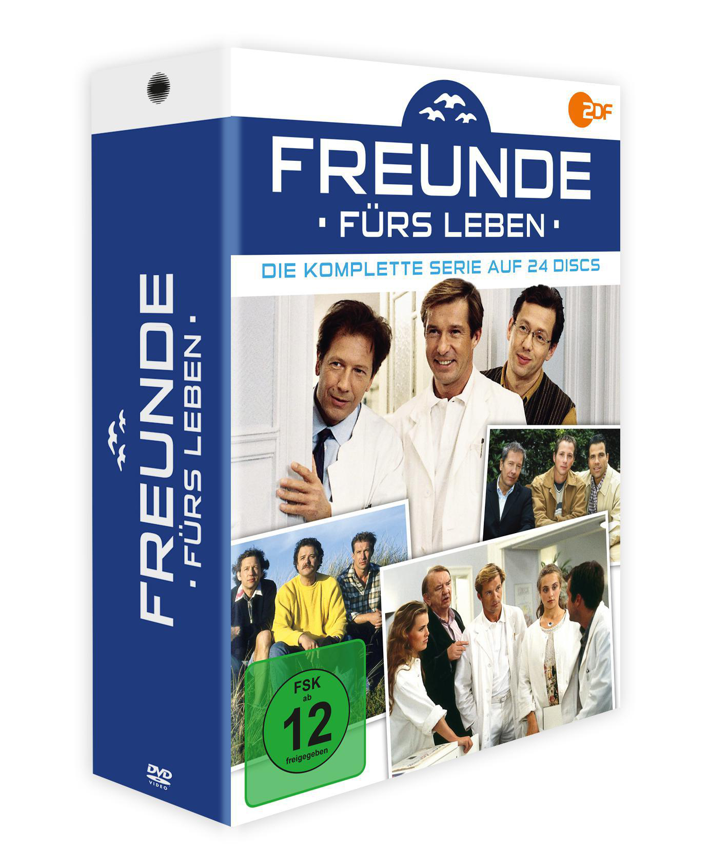DVD-Box-Set mit dem Titel 'Freunde fürs Leben' mit Bildern von Schauspielern. Blaue und weiße Verpackung.