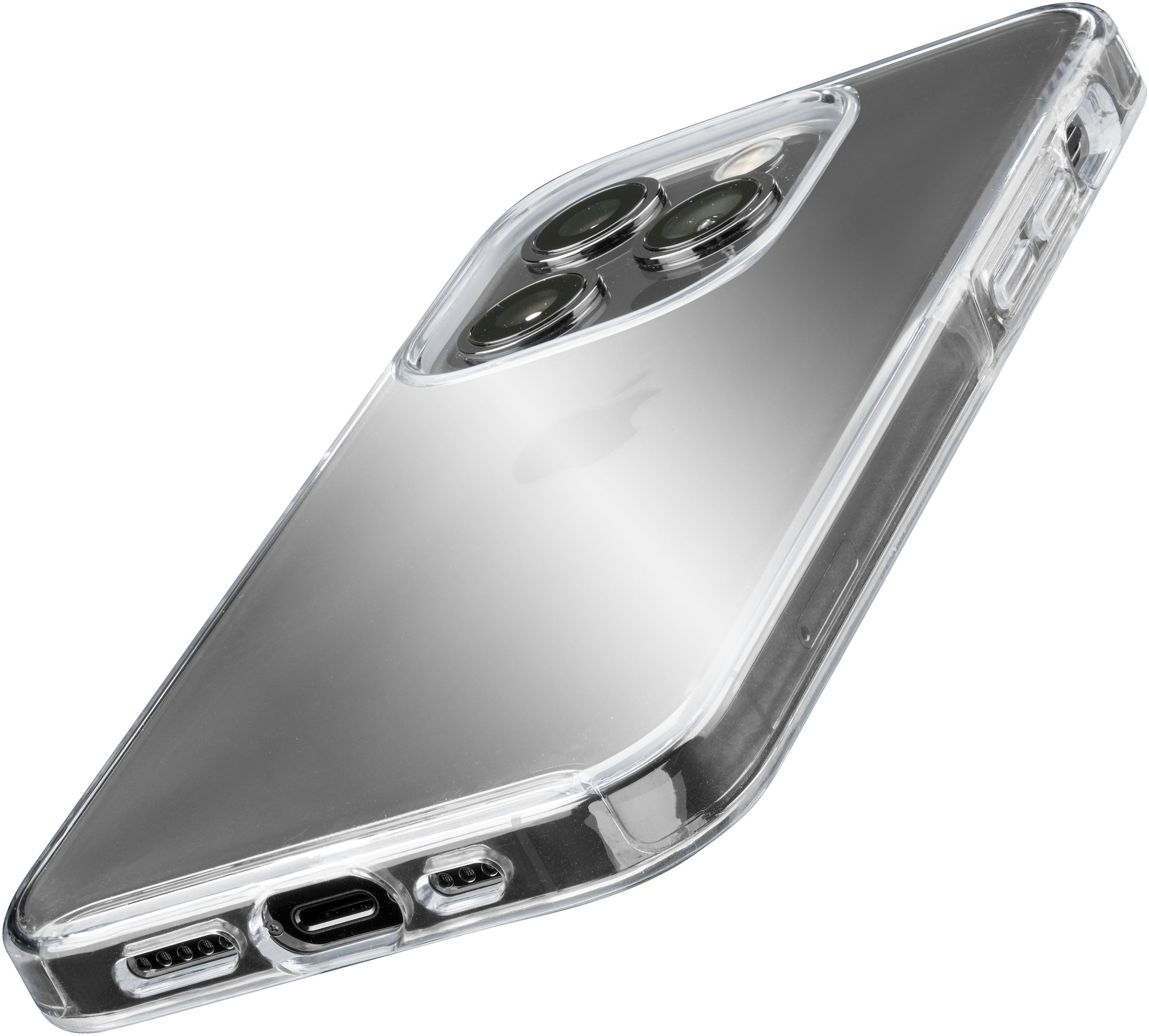 Custodia trasparente che mostra il retro di un iPhone rosso.