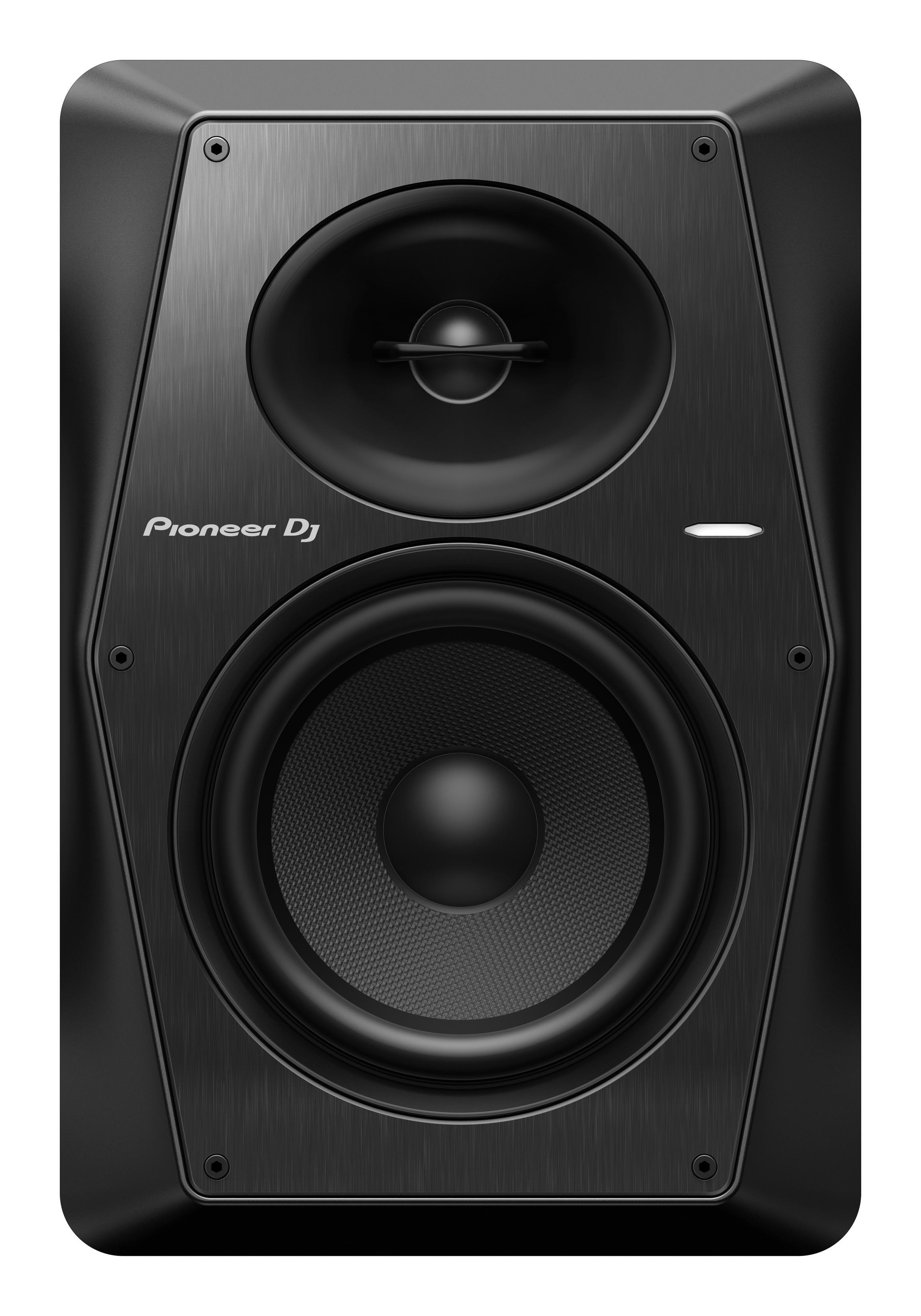 Schwarzer Pioneer DJ Lautsprecher mit großem Tieftöner und Hochtöner, mit Pioneer DJ Logo.