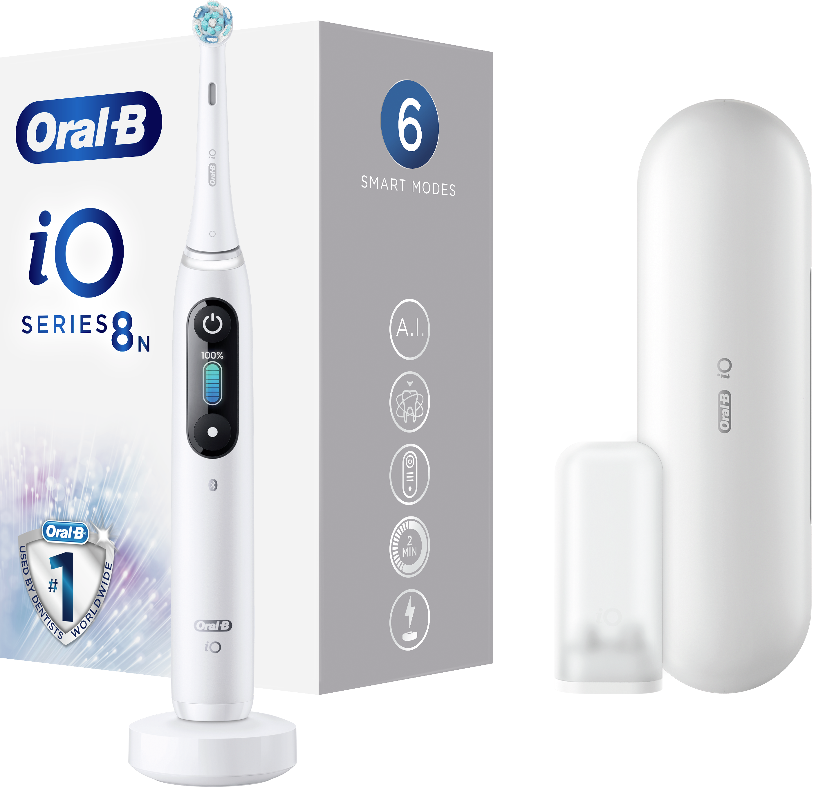 Fehér Oral-B elektromos fogkefe tartozékokkal, dobozban és töltőállványon.