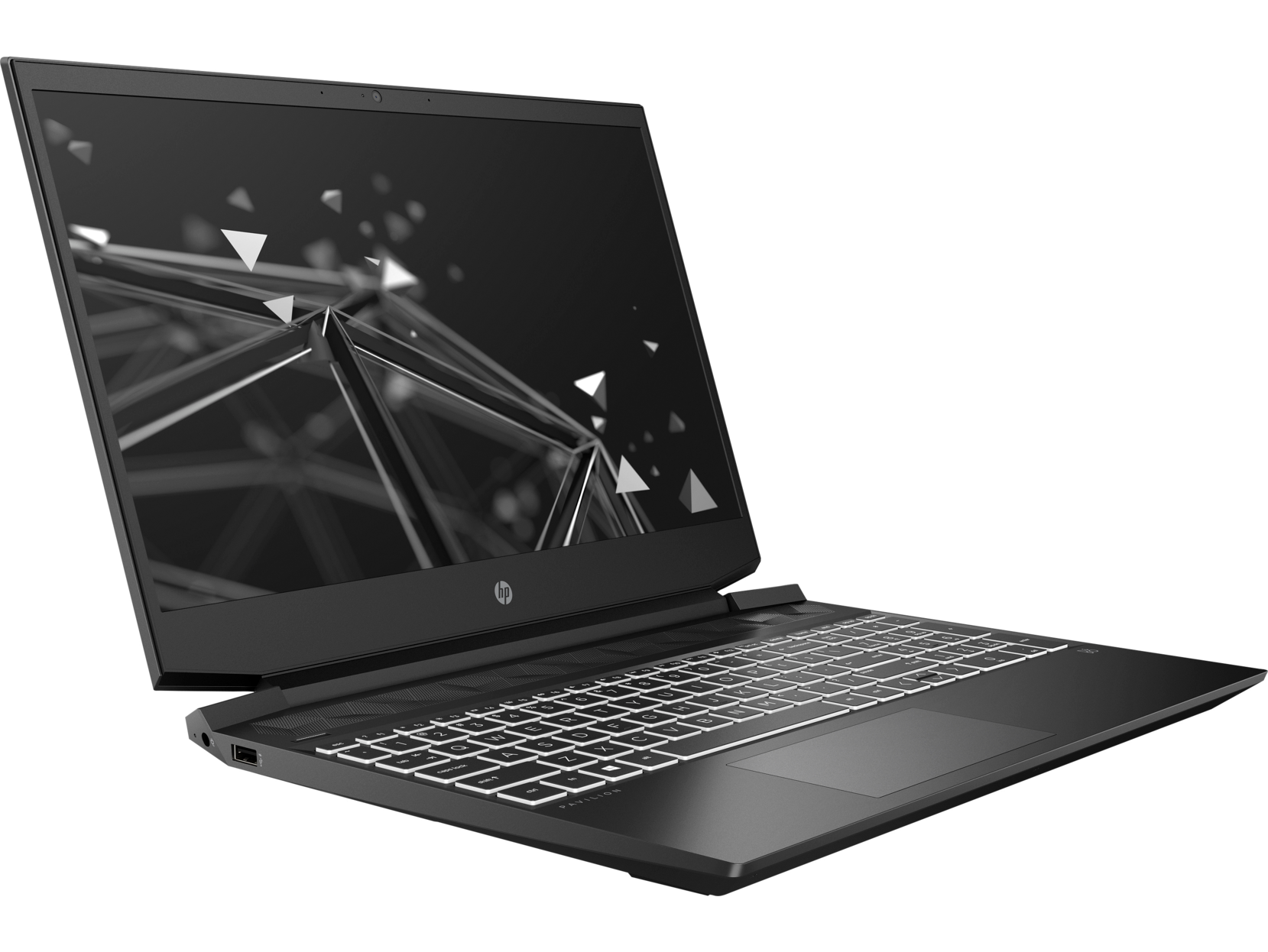 Laptop HP negro con teclado blanco, abierto sobre una superficie negra.