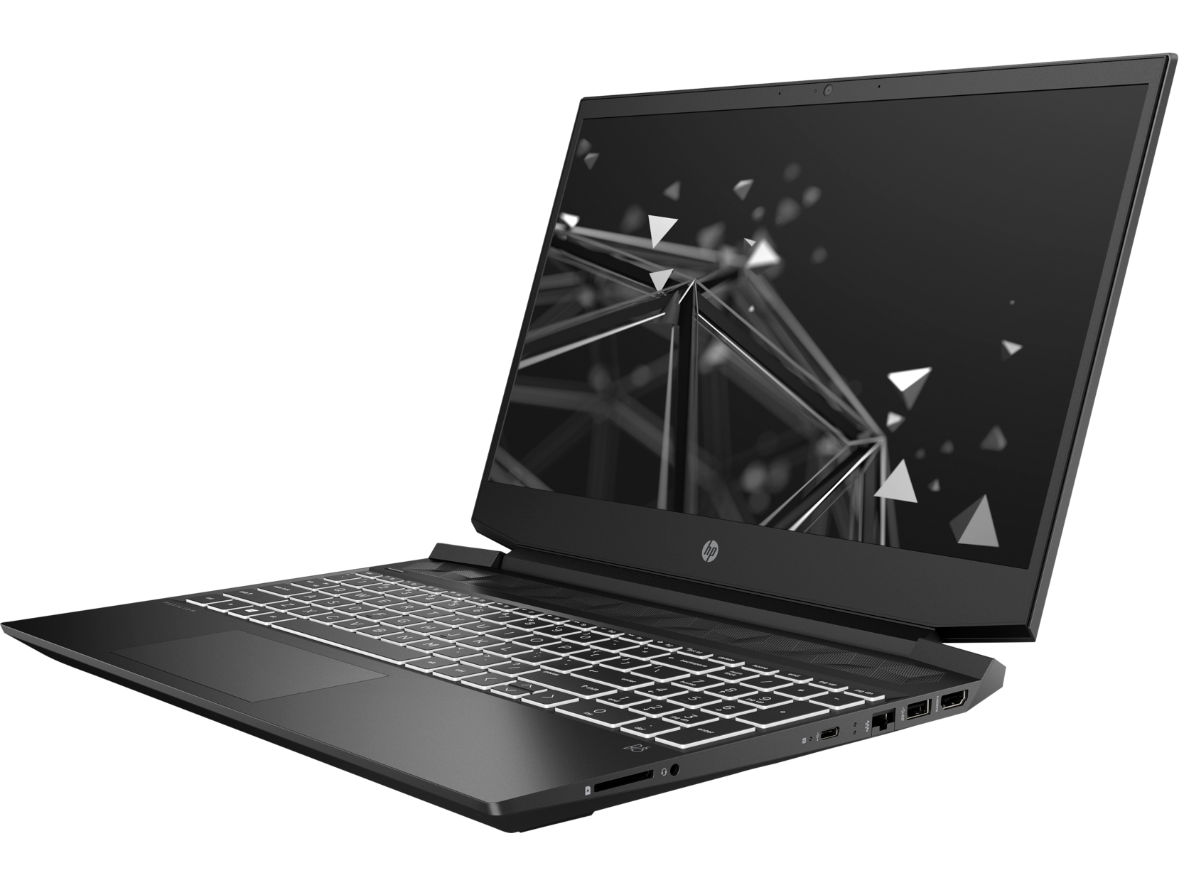 Laptop negro sobre fondo negro. La pantalla muestra un diseño geométrico.